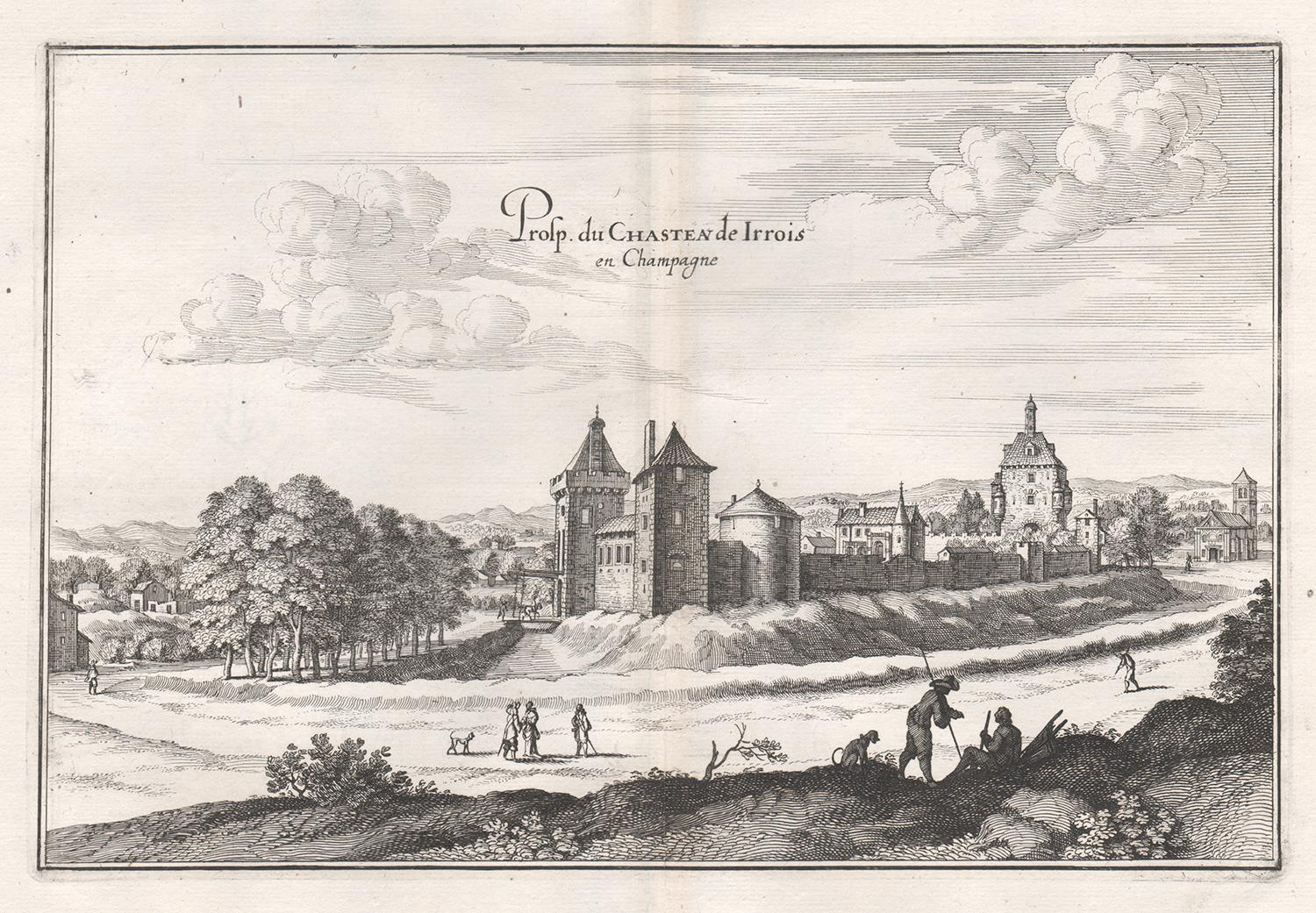 Matthaeus Merian Landscape Print - Castle of Irrois in Champagne, French architecture, mid 17th century engraving