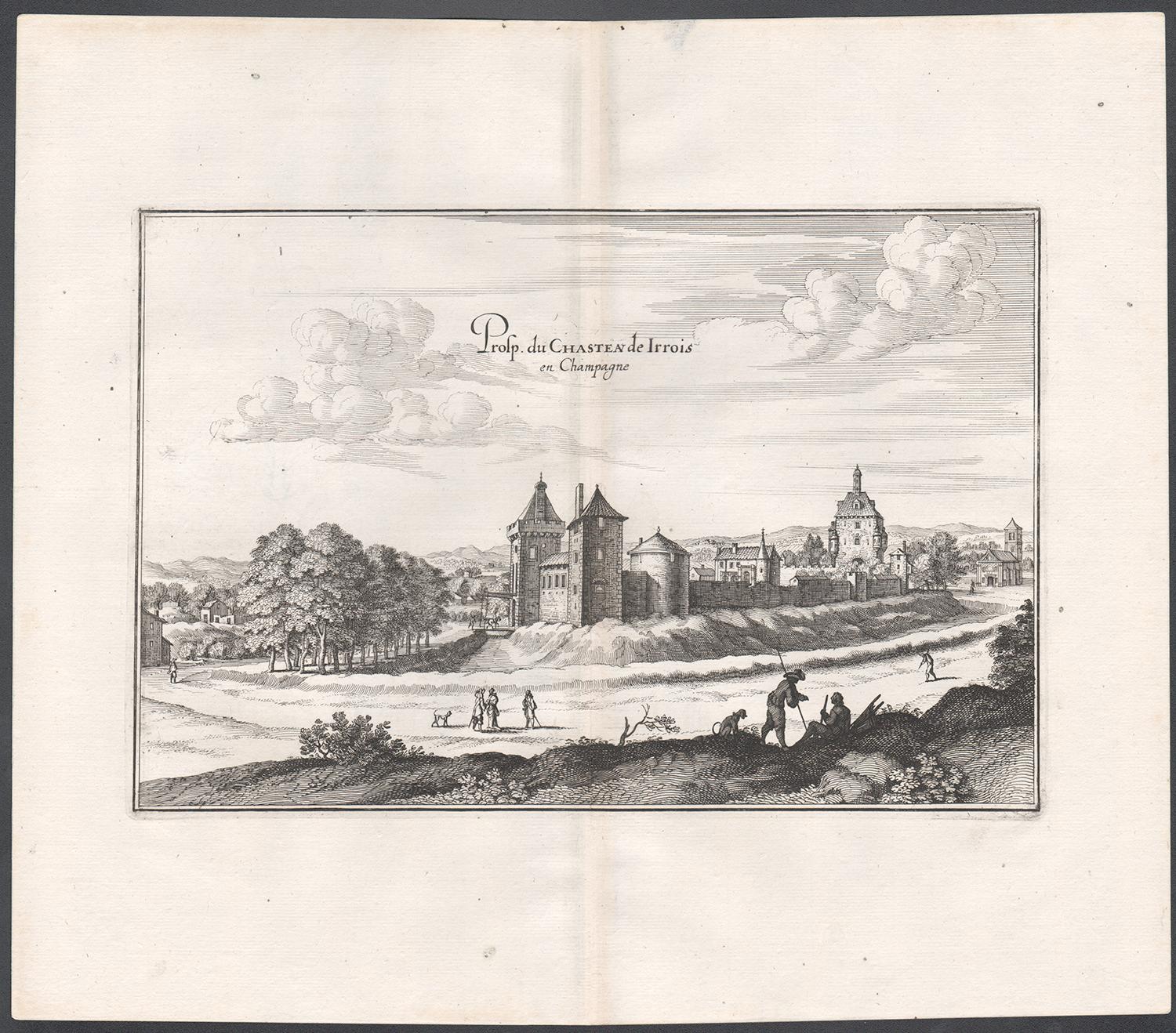 Castle of Irrois à Champagne, architecture française, gravure du milieu du XVIIe siècle - Print de Matthaeus Merian