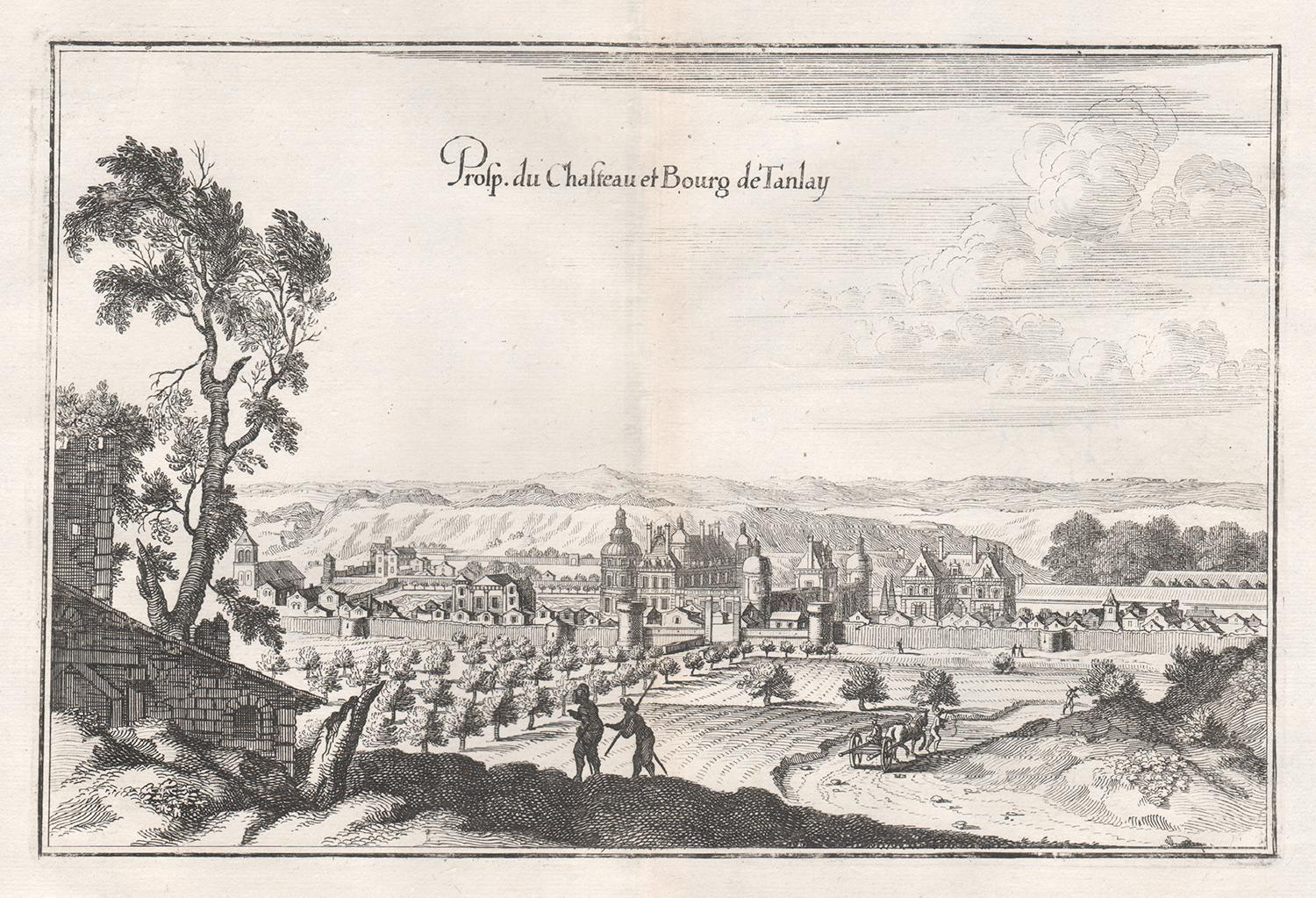 Landscape Print Matthaeus Merian - Castle and Town of Tanlay, château et ville de Tanlay, architecture française, gravure du milieu du XVIIe siècle