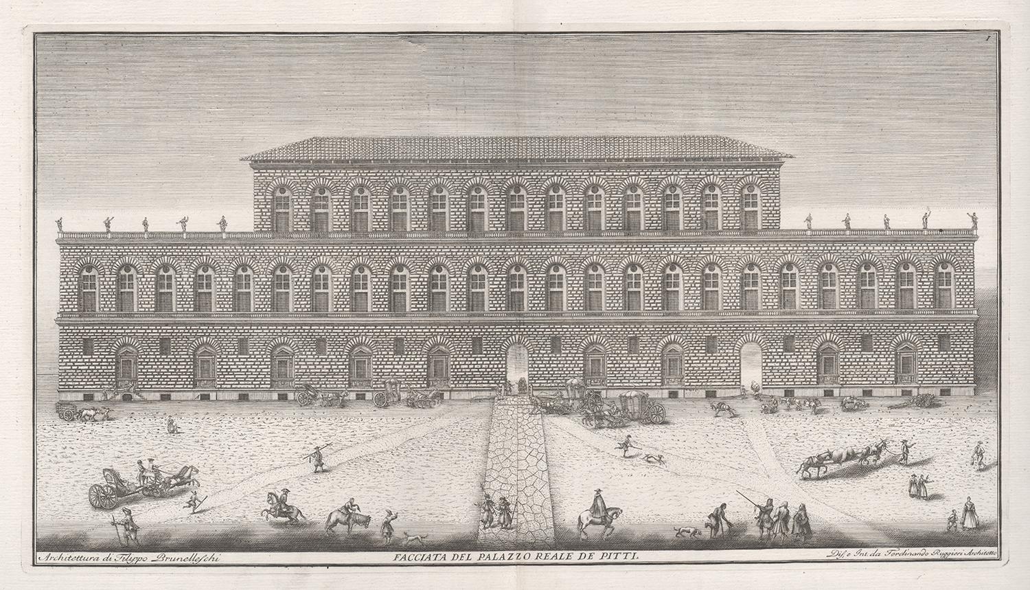 Palazzo Pitti, Florence, Italy. 18th century architectural view engraving 