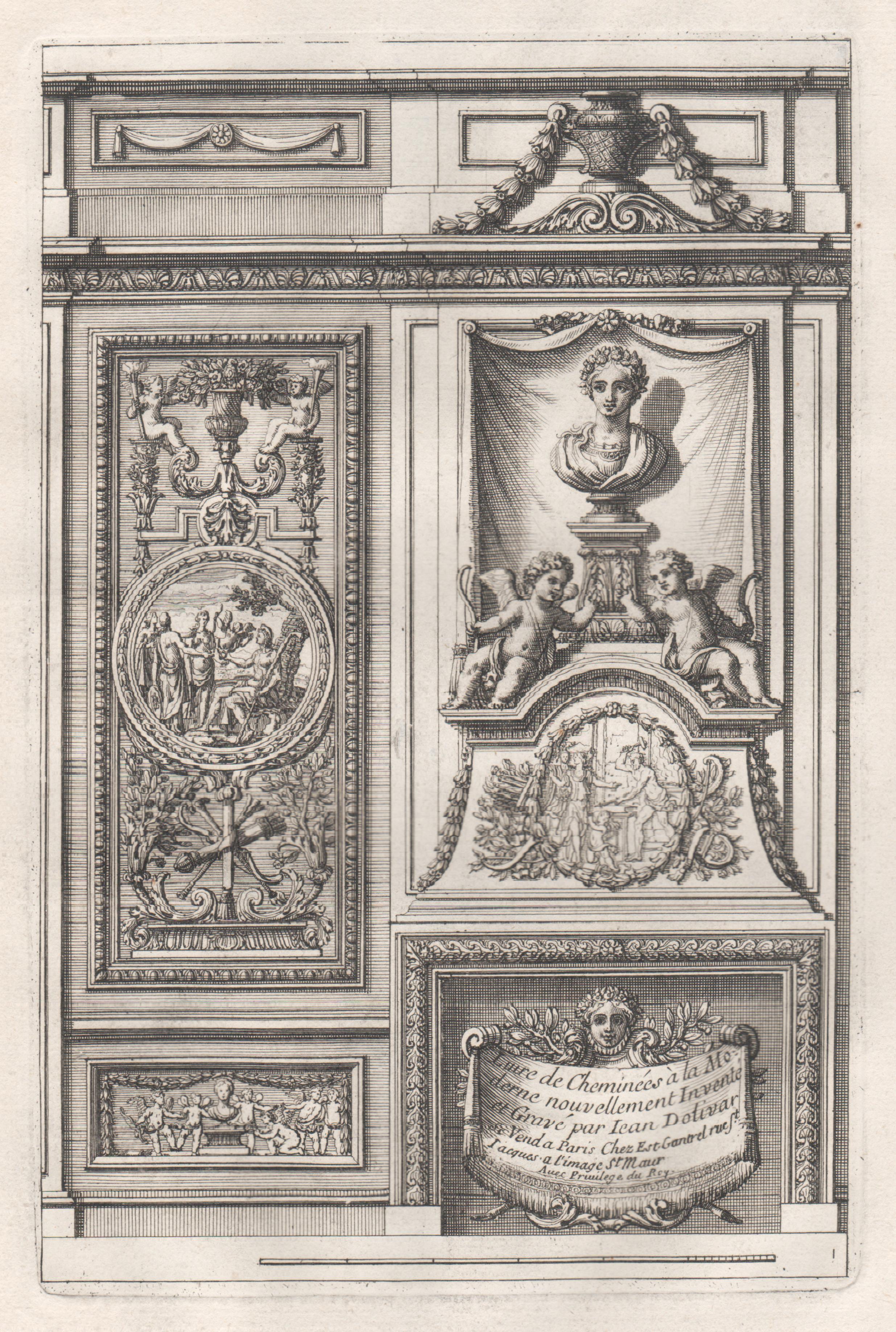 Ensemble de 6 gravures de cheminée d'époque Louis XIV françaises de Jean Dolivar
