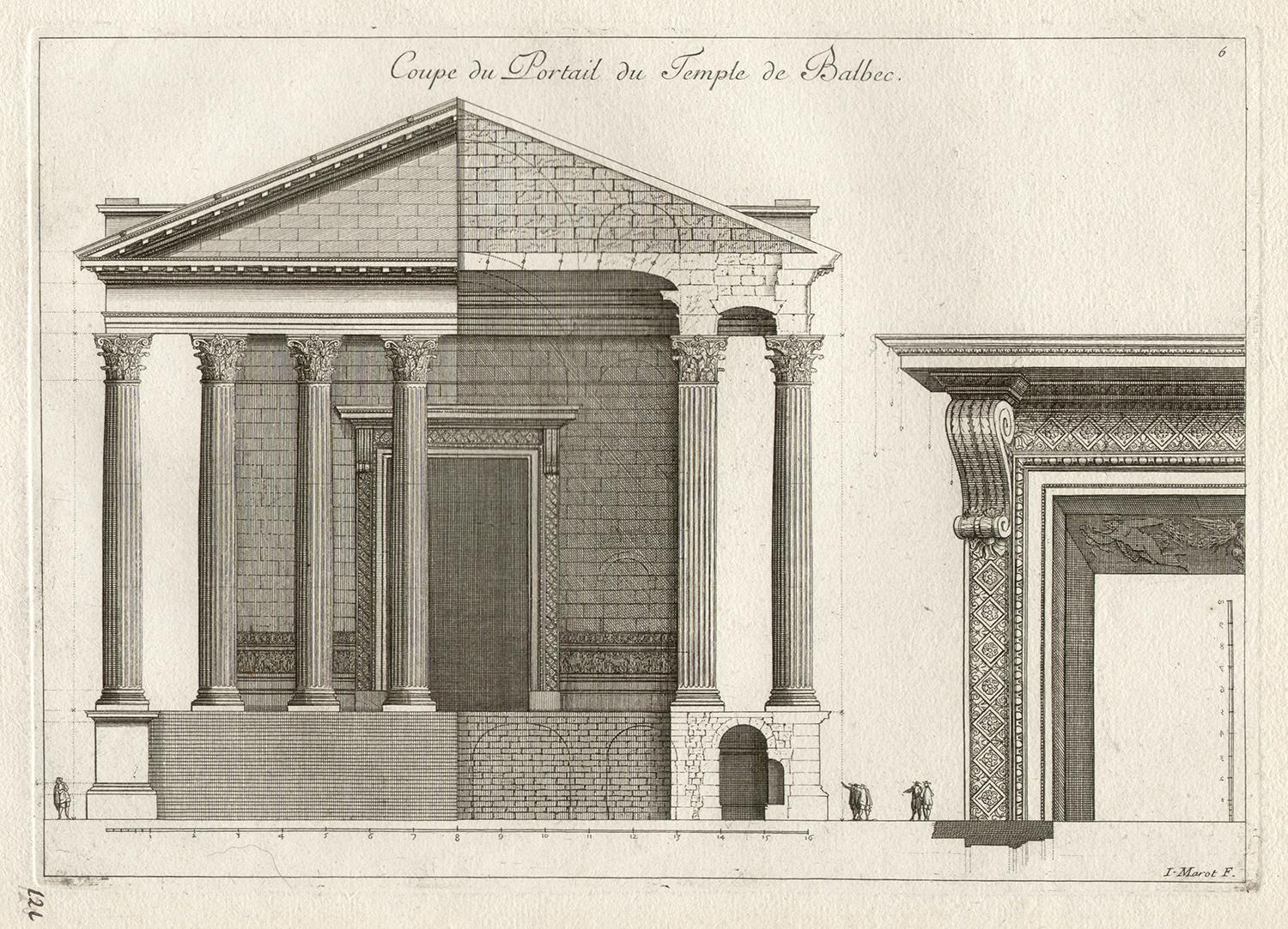 'Coupe du Portrait du Temple de Balbec'

Engraving by Jean Marot.

Jean Marot was a French architect, designer and engraver. 

Baalbek is a town in the Bekaa valley in Lebanon. It is famous for its massive and richly ornamented Roman temple