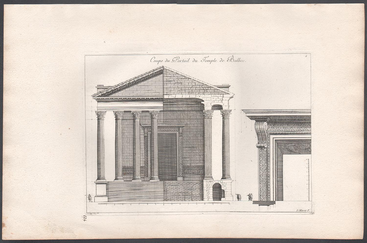 Temple of Baalbec, Lebanon, Classical Roman architectural engraving, Jean Marot 1