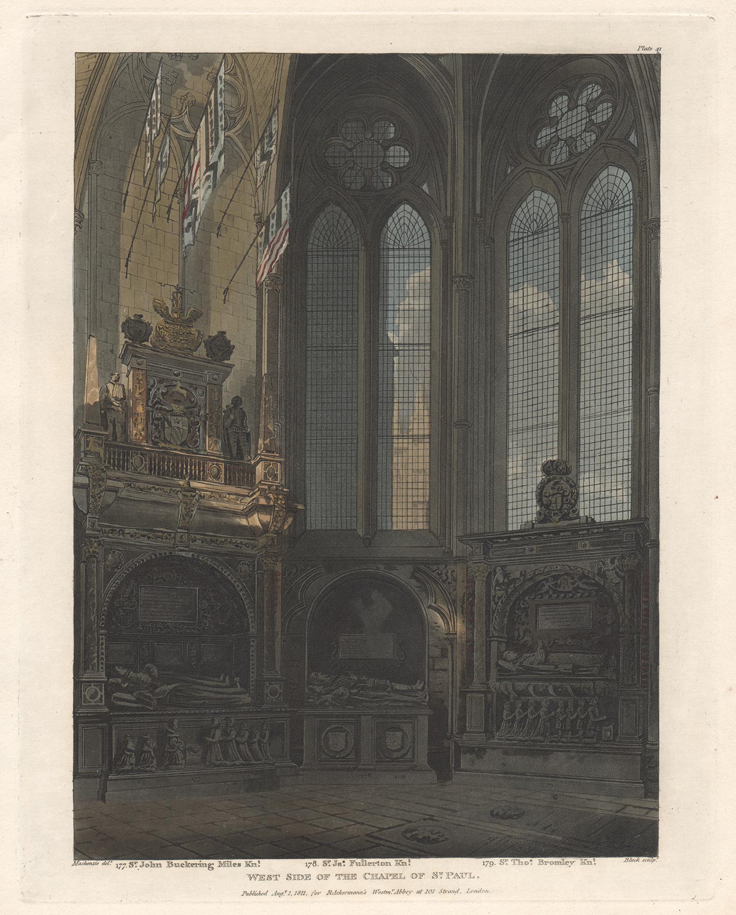 Aquatinte d'architecture de la chapelle de Saint-Paul, Westminster Abbey, côté ouest