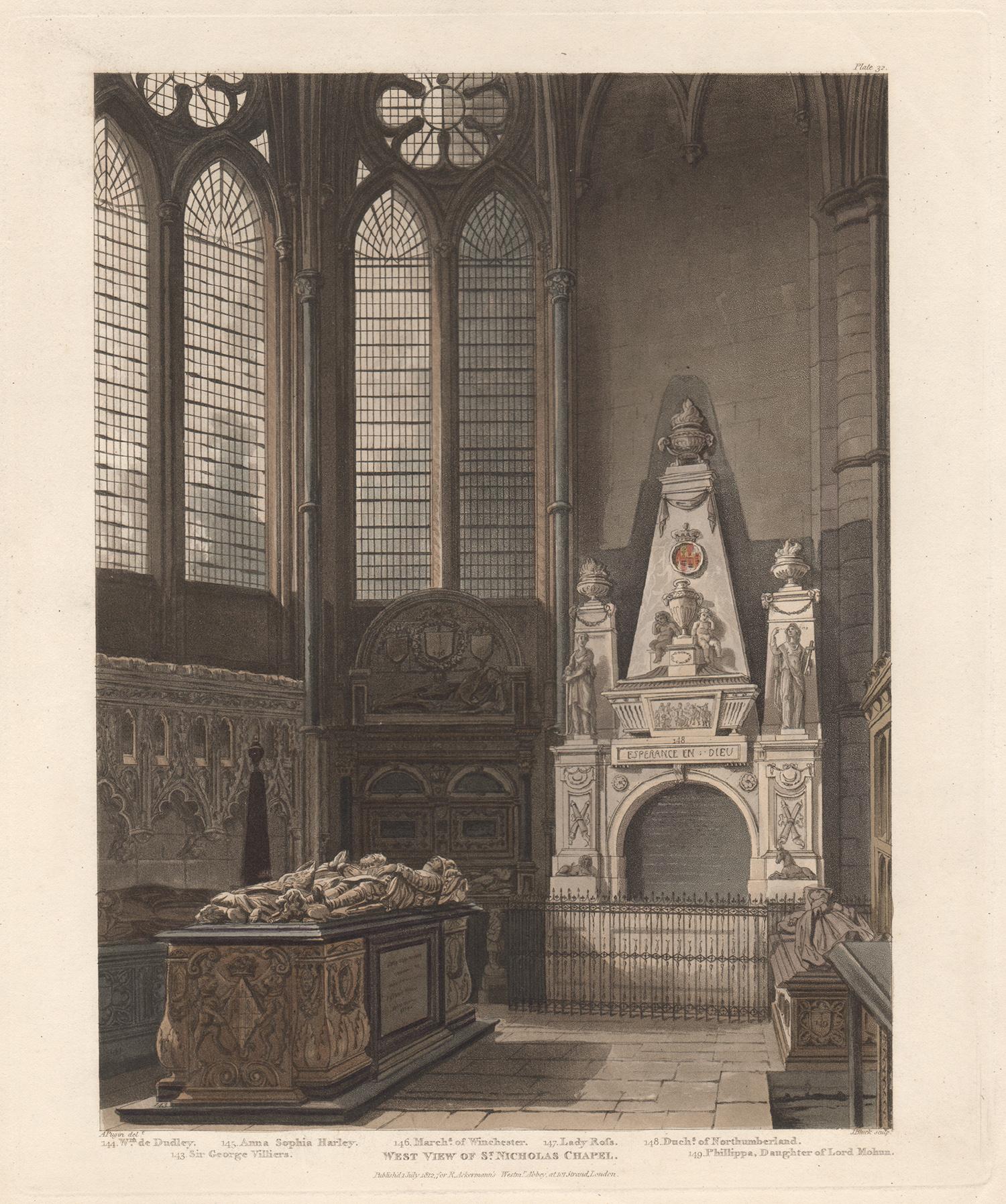 John Bluck (active 1791-1819) after Auguste Pugin (1762-1832) Landscape Print - West View of St Nicholas Chapel, Westminster Abbey, architecture aquatint