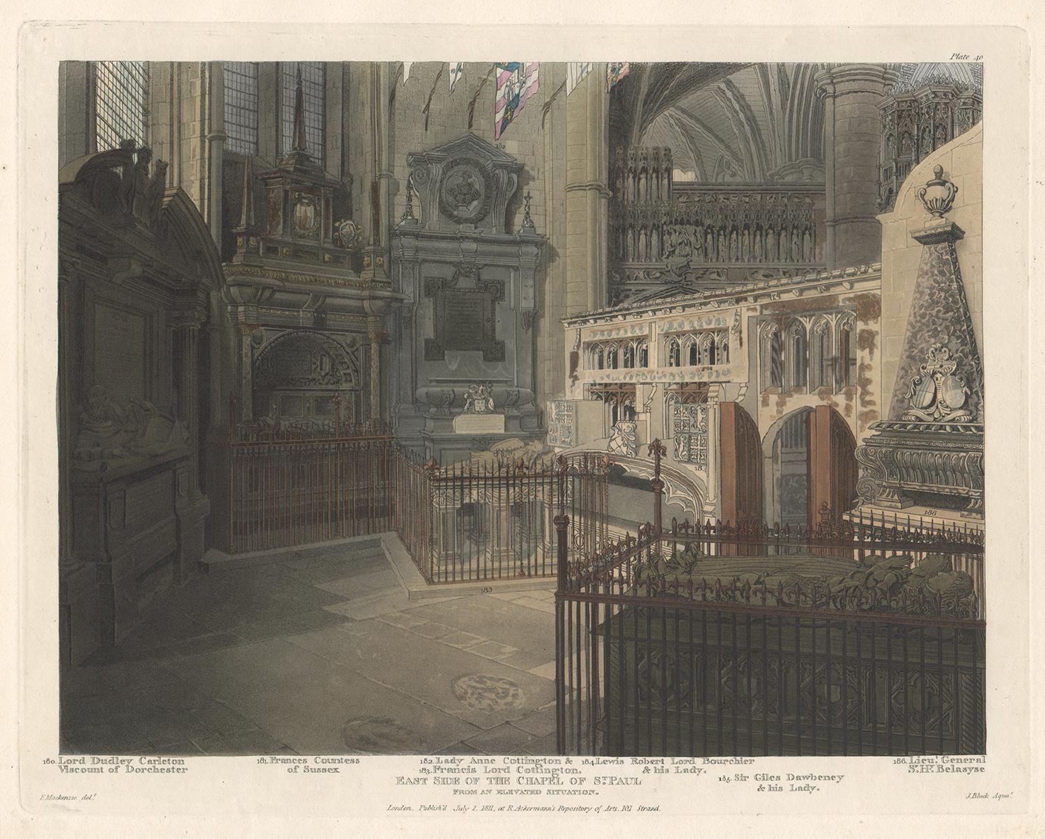 John Bluck (active 1791-1819) after Frederick Mackenzie (1788-1854) Landscape Print - East Side of the Chapel of St Paul, Westminster Abbey, architecture aquatint