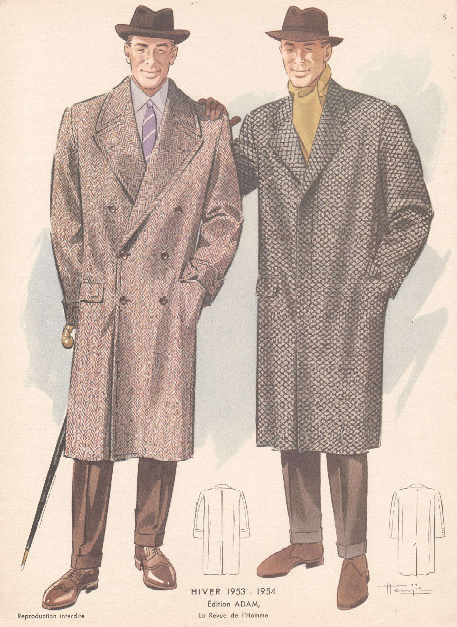 French Mid-Century 1950s Mens Fashion Design Vintage Suit Lithograph Print