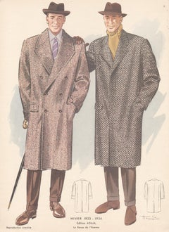 Lithographie de costume vintage pour homme du milieu du siècle dernier, design de mode et de style français, années 1950