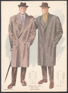 French Mid-Century 1950s Mens Fashion Design Vintage Suit Lithograph Print