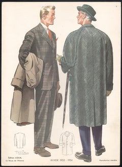 French Mid-Century 1950s Mens Fashion Design Vintage Suit Lithograph Print