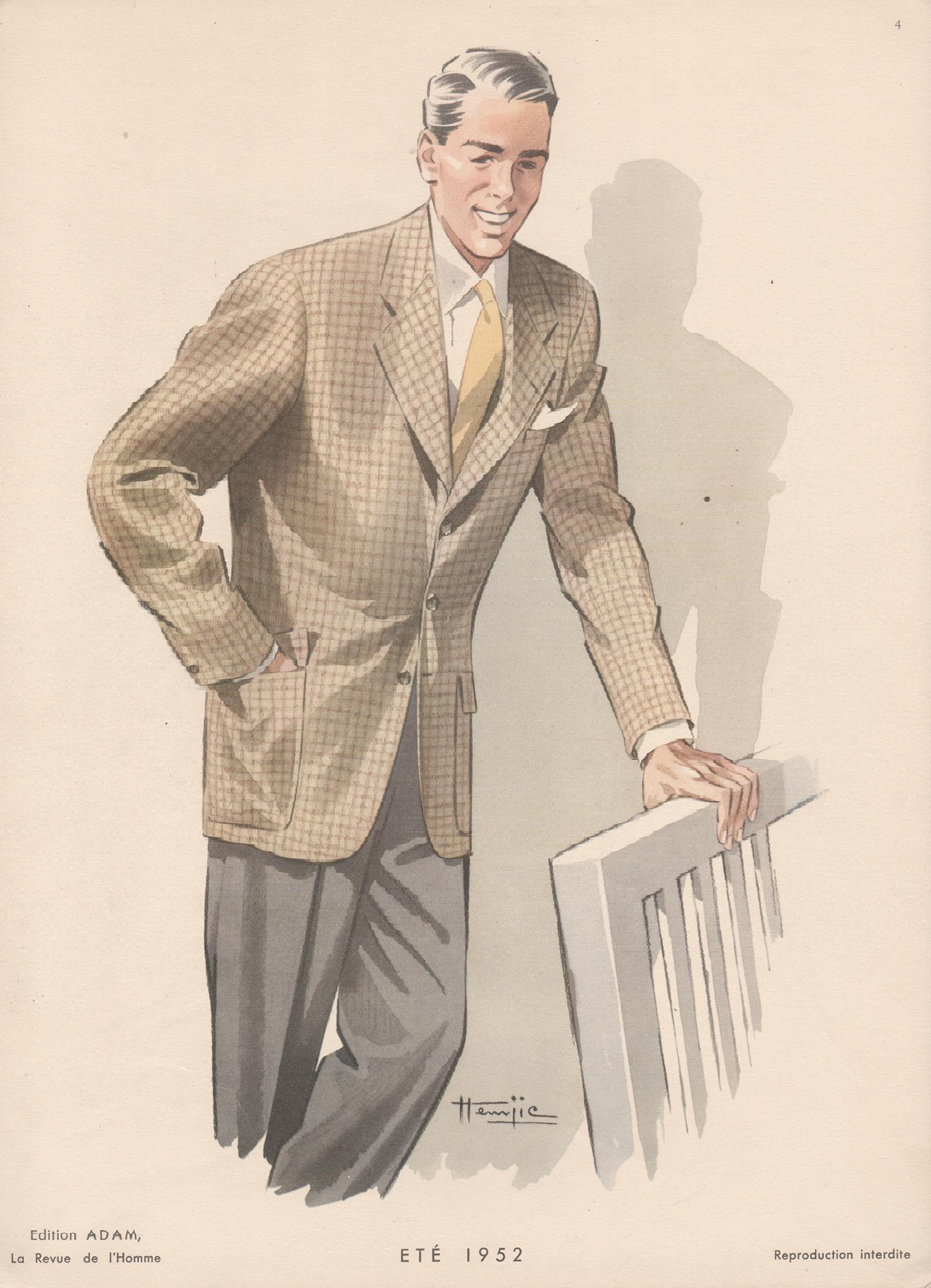 Hemjie Figurative Print - French Mid-Century 1950s Mens Fashion Design Vintage Suit Lithograph Print