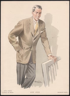 French Mid-Century 1950s Mens Fashion Design Vintage Suit Lithograph Print