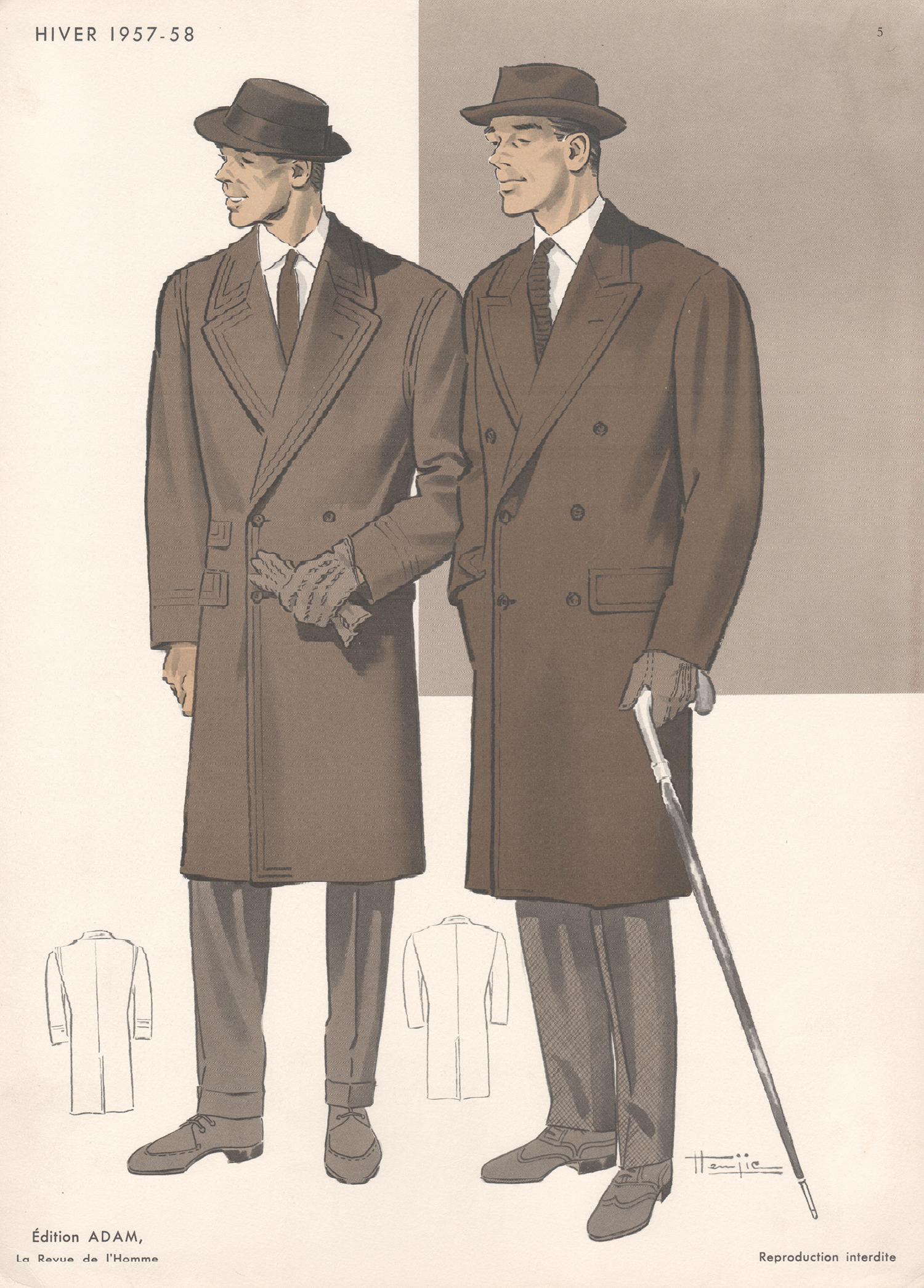 Figurative Print de Hemjie - Litografía francesa de mediados de siglo de 1950 sobre diseño de moda masculino y traje vintage