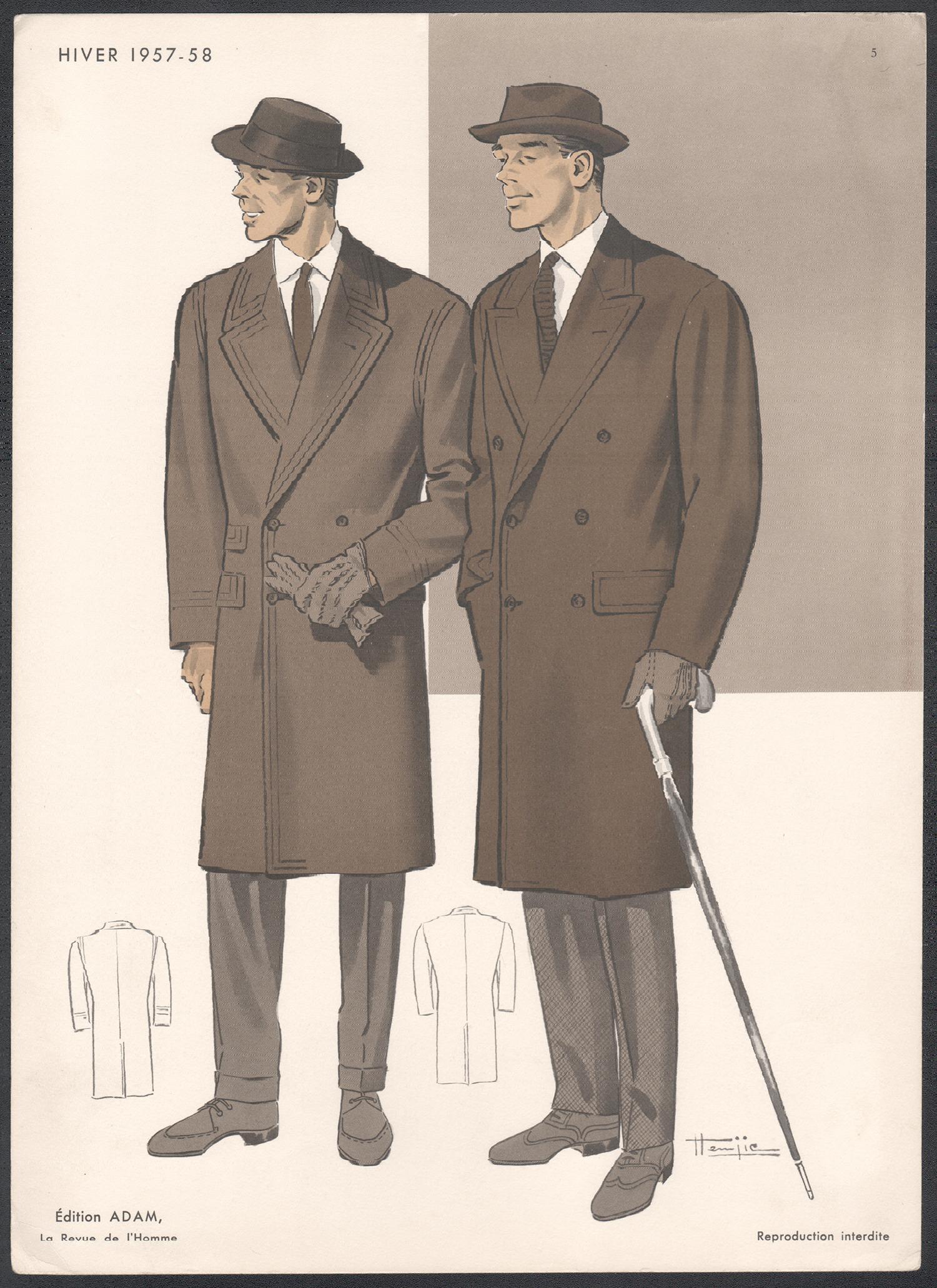 Mid-Century 1950er Jahre Herren Mode Design Vintage Anzug Lithographie Druck – Print von Hemjie
