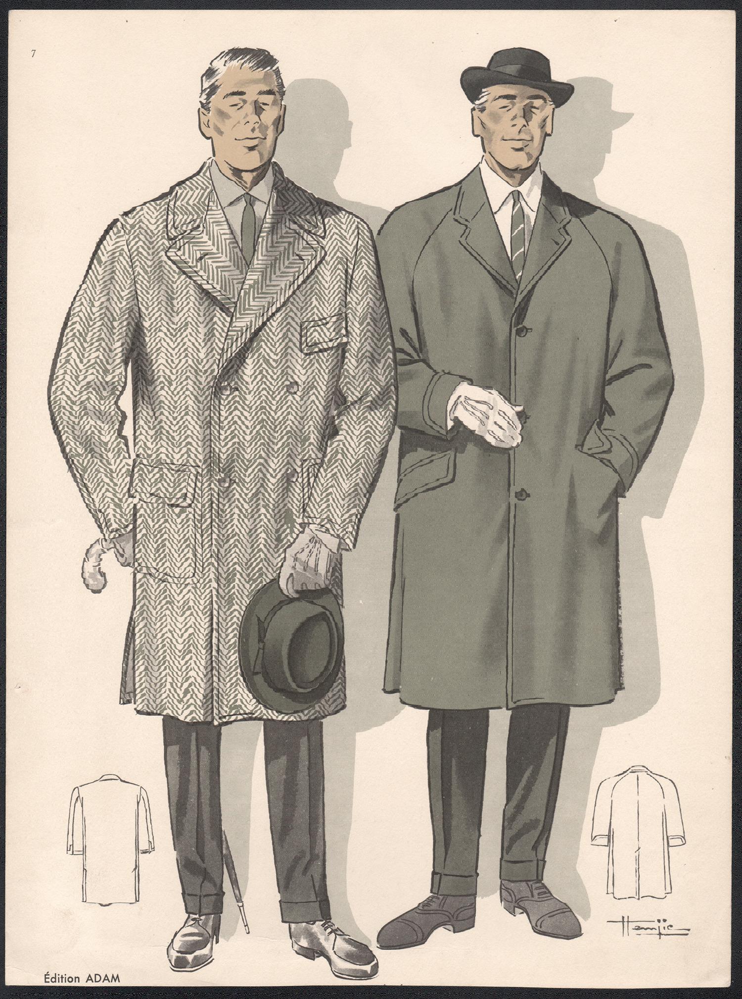 Litografía francesa de mediados de siglo de 1950 sobre diseño de moda masculino y traje vintage - Print de Hemjie