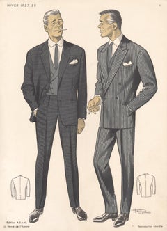 French Mid-Century 1950s Mens Fashion Design Vintage Suit Lithograph Print