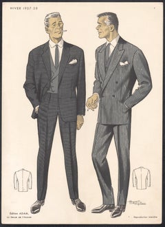 French Mid-Century 1950s Mens Fashion Design Vintage Suit Lithograph Print