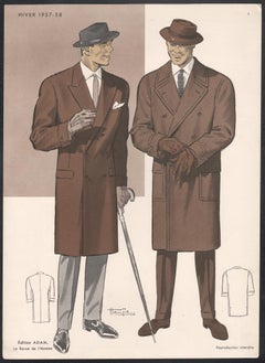 French Mid-Century 1950s Mens Fashion Design Vintage Suit Lithograph Print