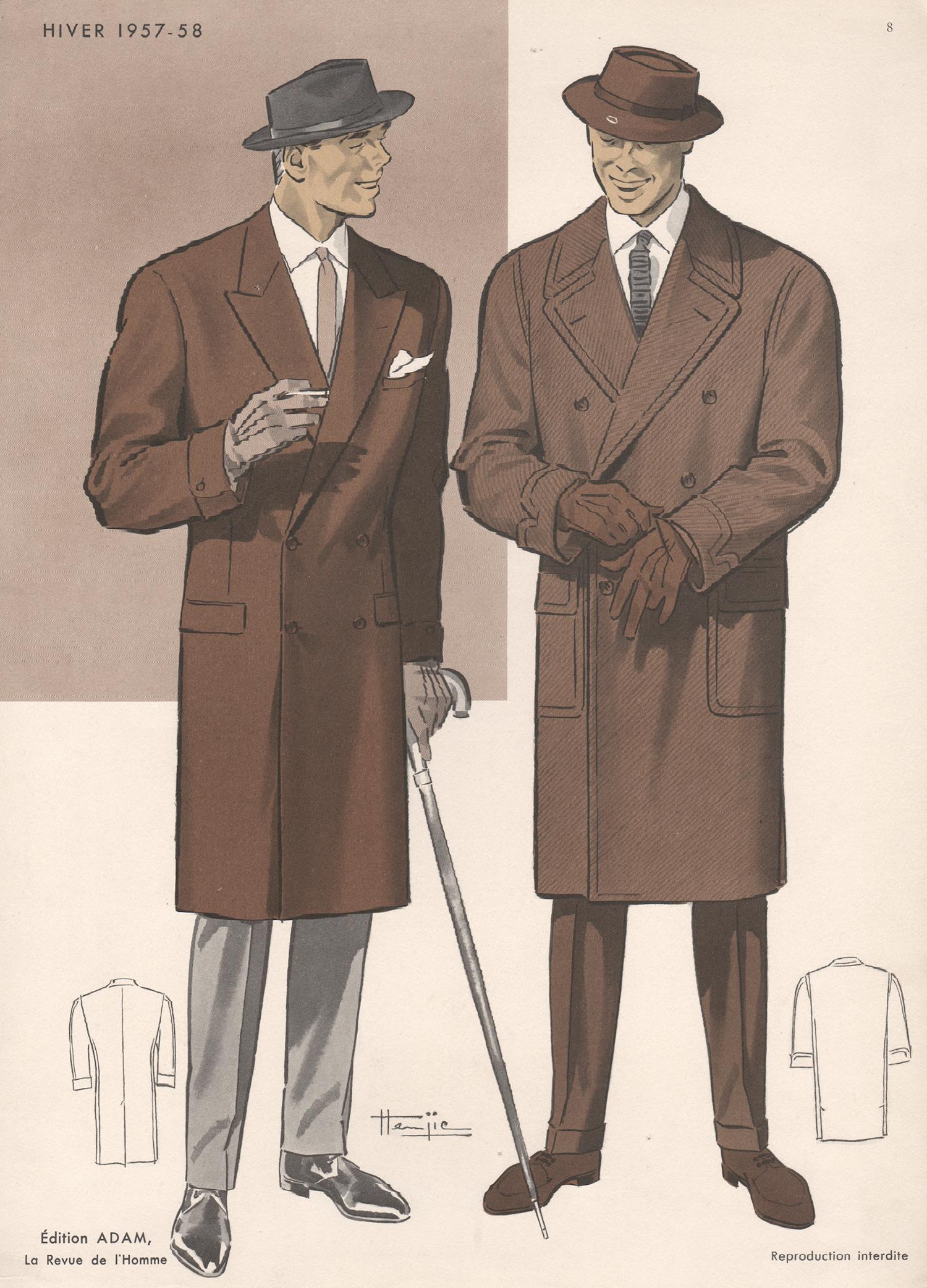 Figurative Print de Hemjie - Litografía francesa de mediados de siglo de 1950 sobre diseño de moda masculino y traje vintage