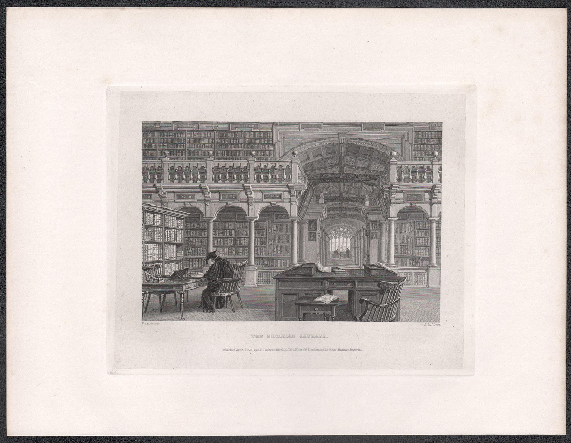 The Bodleian Library. Oxford University. Antique English 19th century engraving - Print by John Le Keux after Frederick Mackenzie