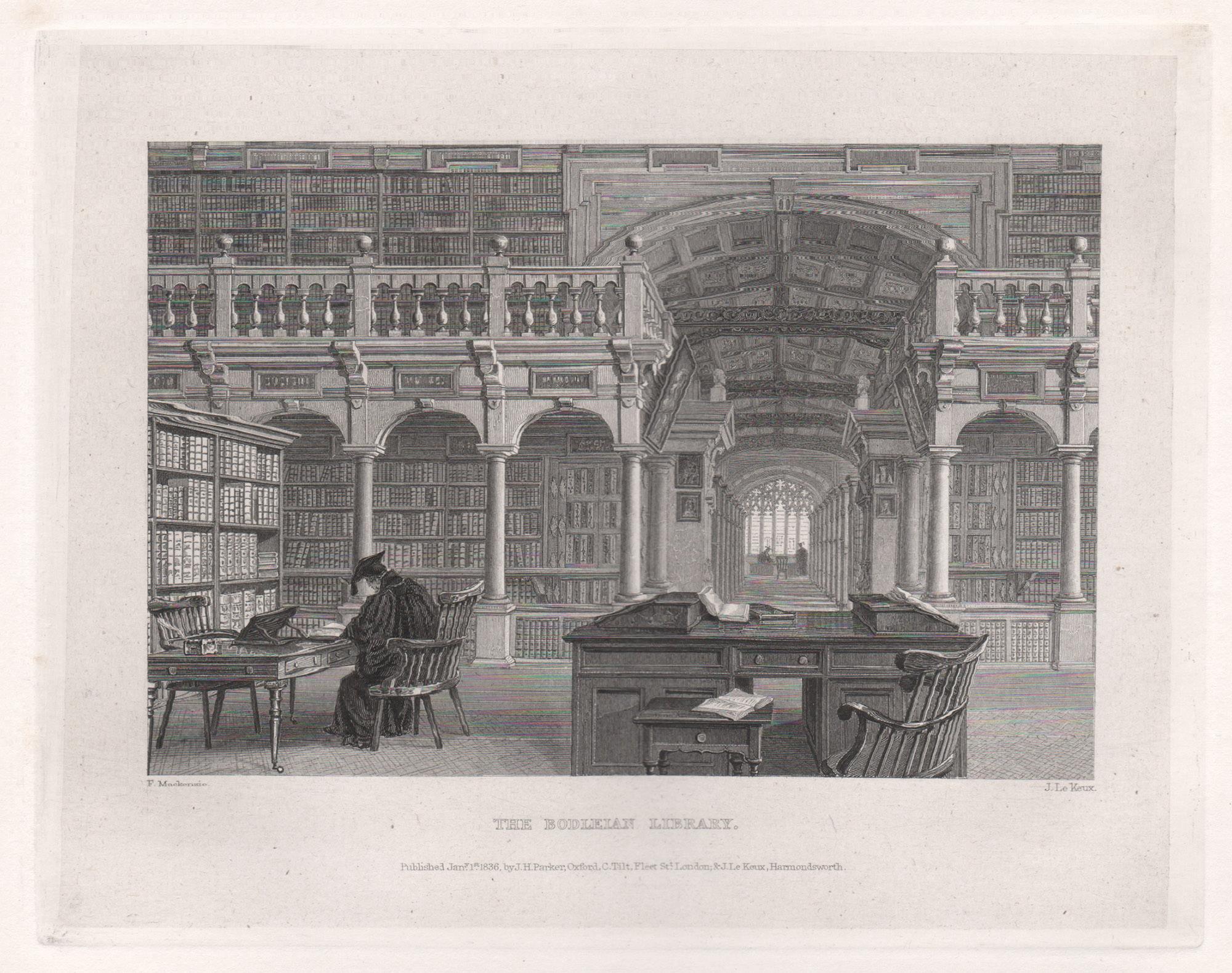 The Bodleian Library. Oxford University. Antique English 19th century engraving