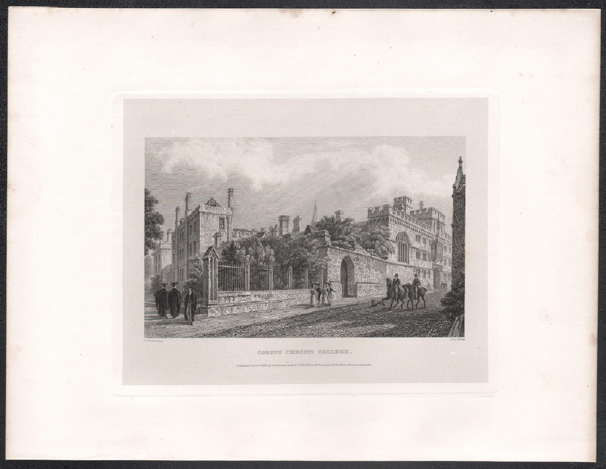 Corpus Christi College. Oxford University. Antique English C19th engraving - Print by John Le Keux after Frederick Mackenzie