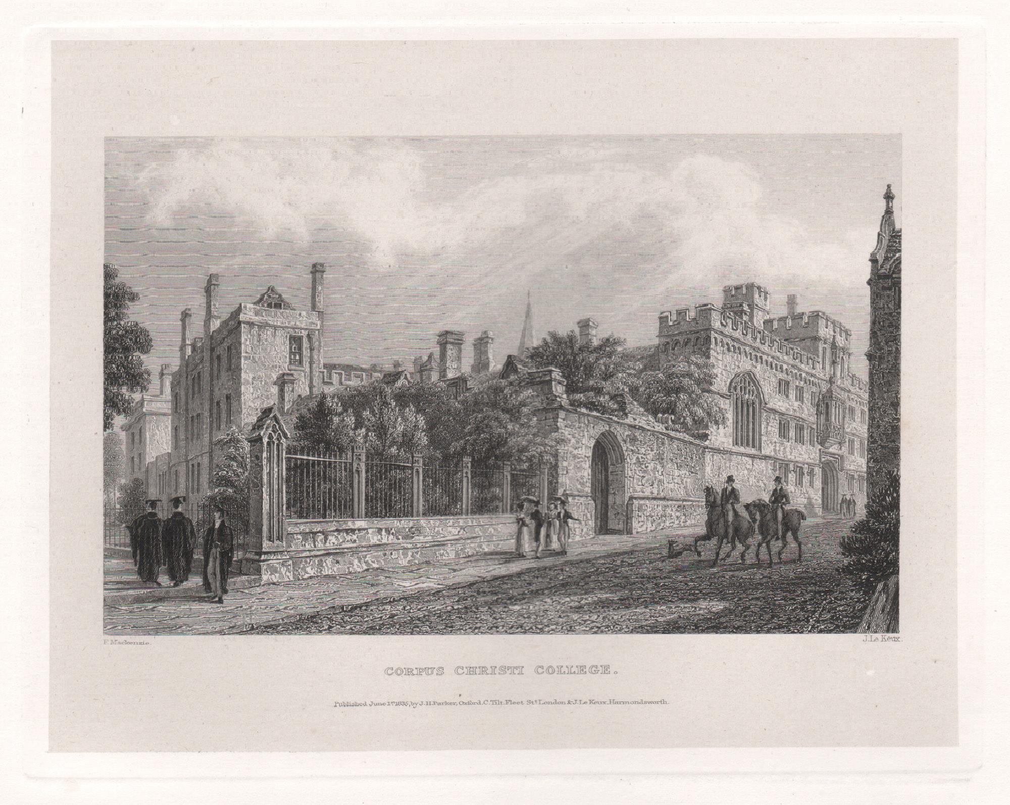 Corpus Christi College. Oxford University. Antique English C19th engraving