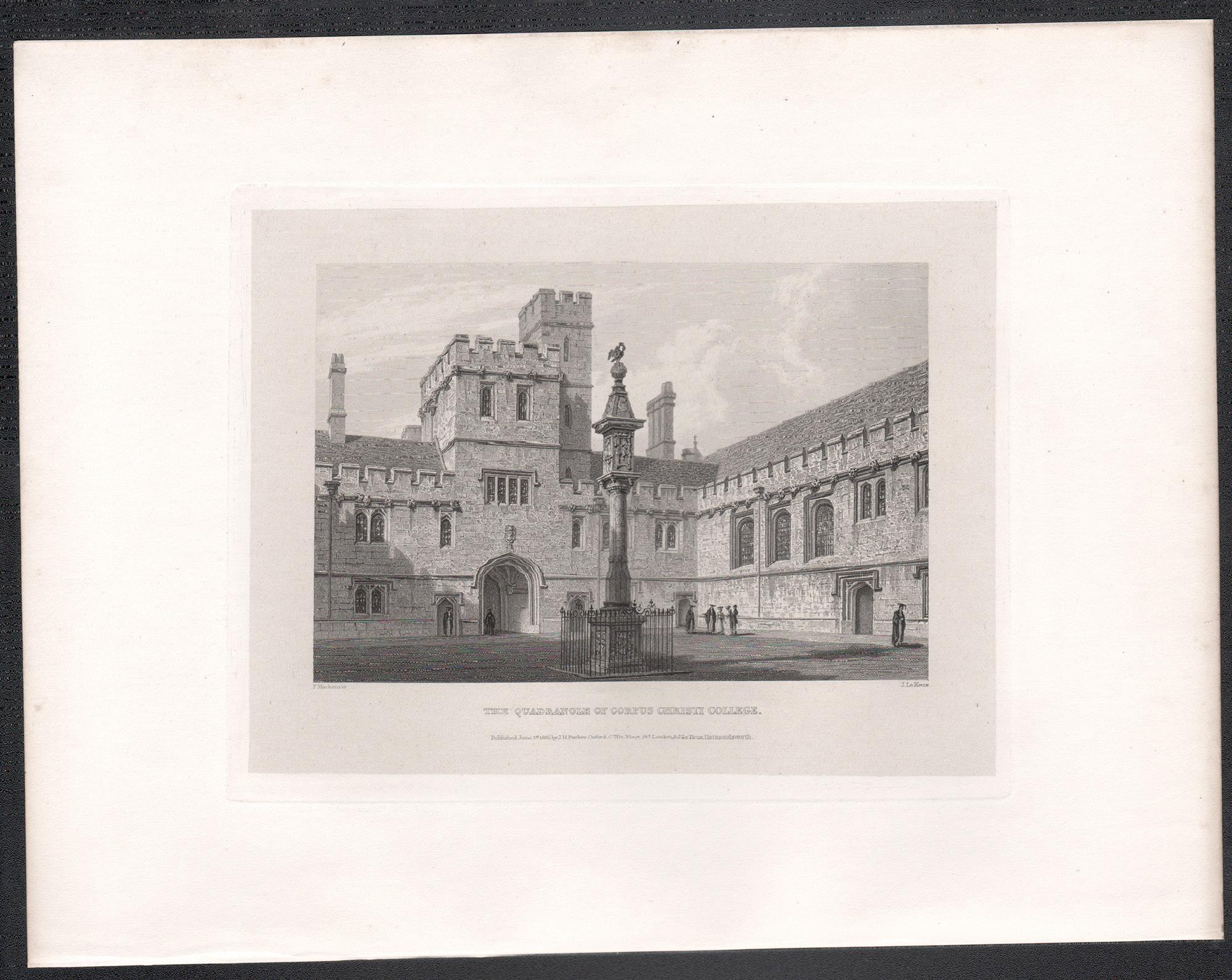 Quadrangle of Corpus Christi College. Oxford University. Antique C19th engraving - Print by John Le Keux after Frederick Mackenzie