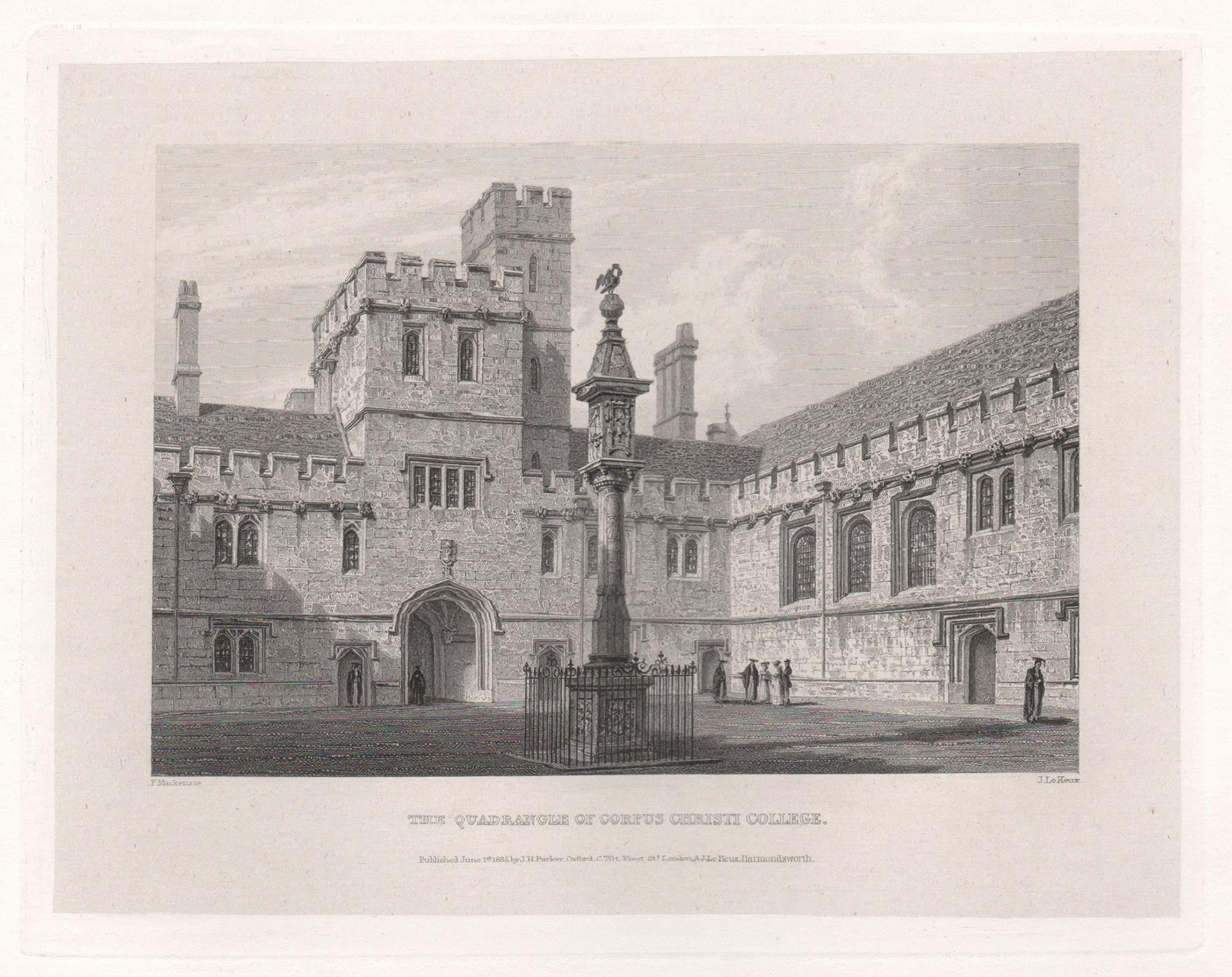 Quadrangle of Corpus Christi College. Oxford University. Antique C19th engraving