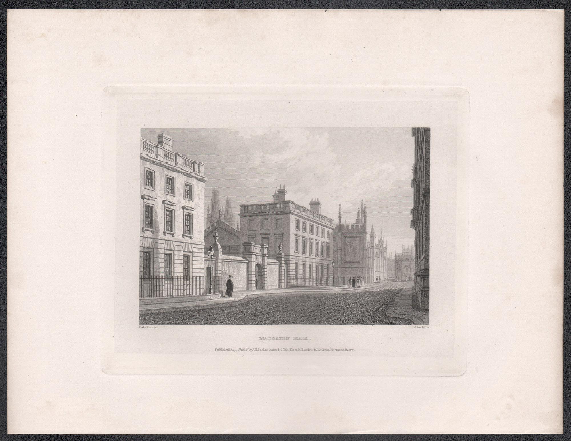 Magdalen Hall. Oxford University. Antike Gravur aus dem 19. Jahrhundert – Print von John Le Keux after Frederick Mackenzie