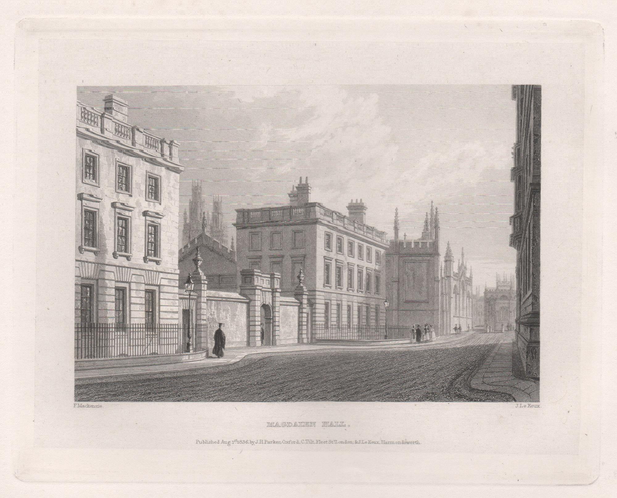 Magdalen Hall. Oxford University. Antique C19th engraving