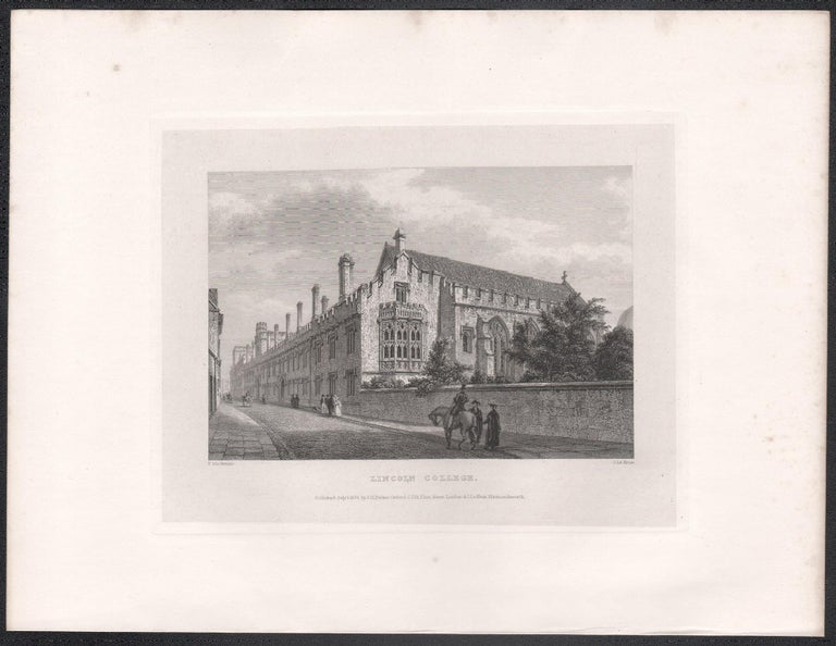 Lincoln College. Oxford University. Antique C19th engraving - Print by John Le Keux after Frederick Mackenzie