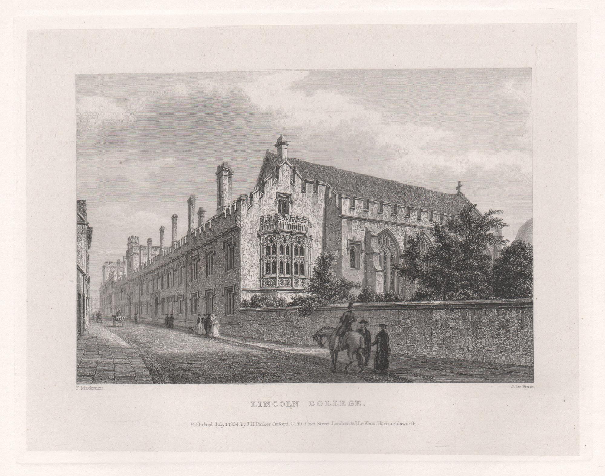 Lincoln College. Oxford University. Antique C19th engraving