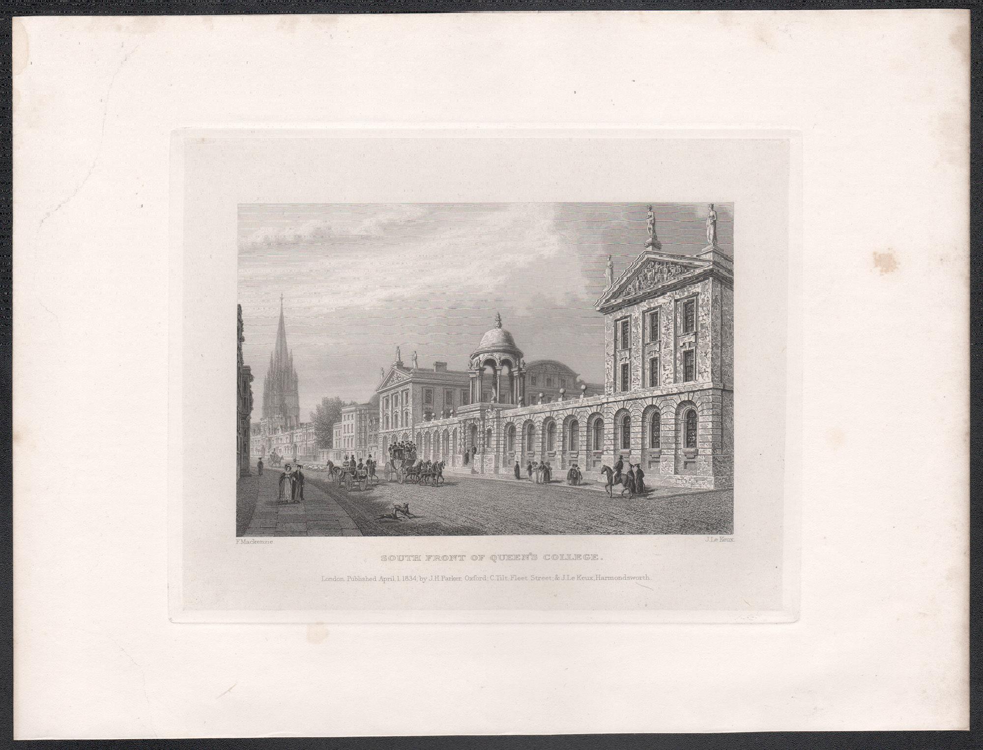 South Front of Queen's College. Oxford University. Antique C19th engraving - Print by John Le Keux after Frederick Mackenzie