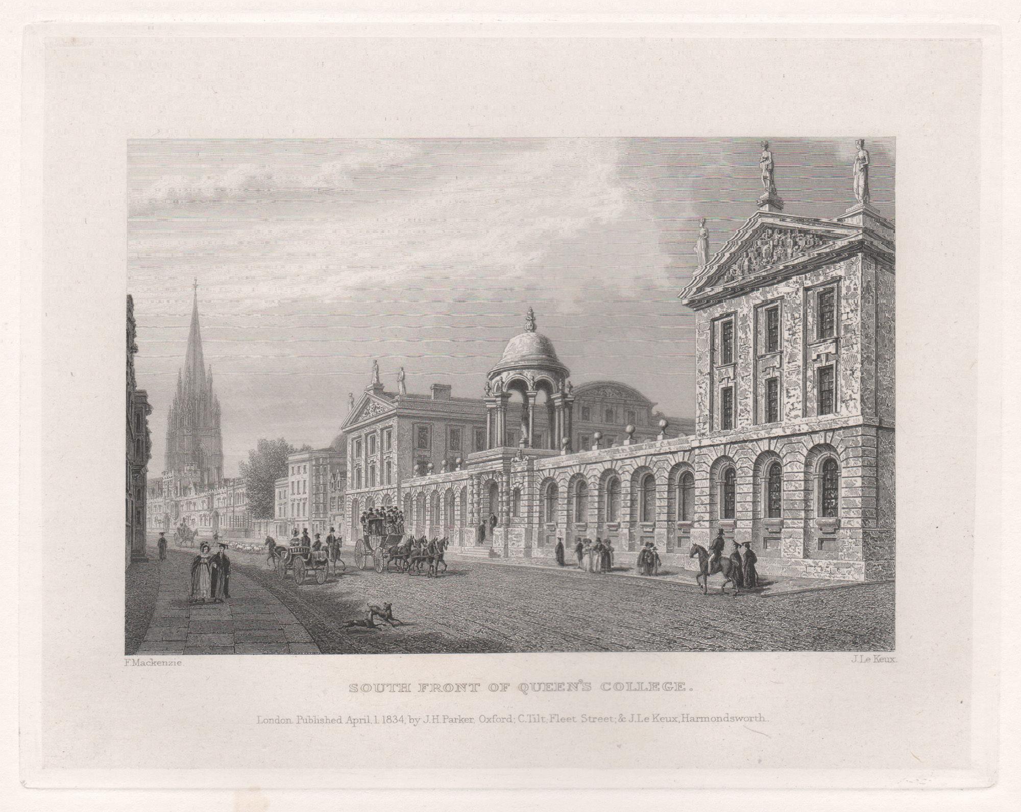 South Front of Queen's College. Oxford University. Antique C19th engraving