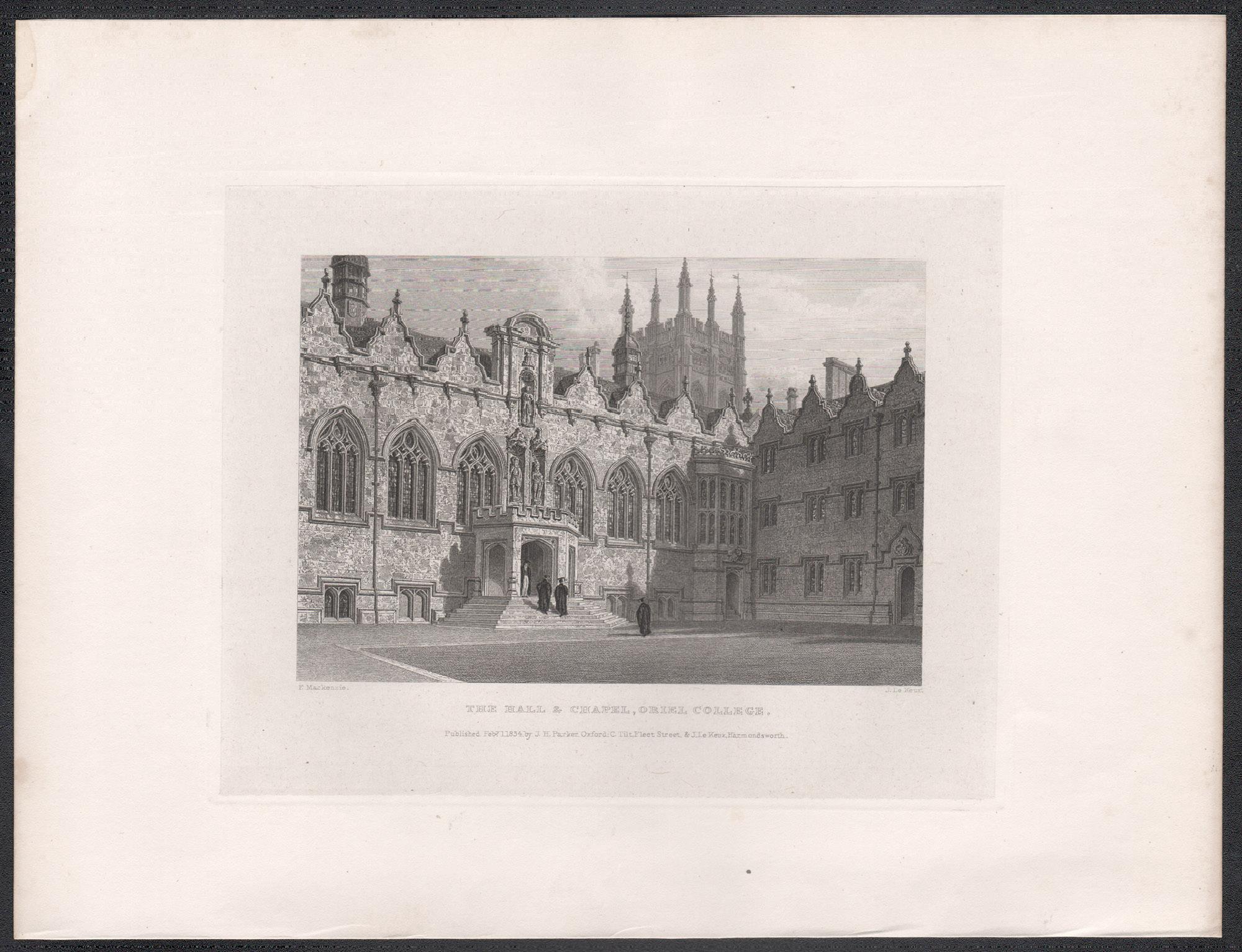 The Hall & Chapel, Oriel College. Oxford University. Antique C19th engraving - Print by John Le Keux after Frederick Mackenzie