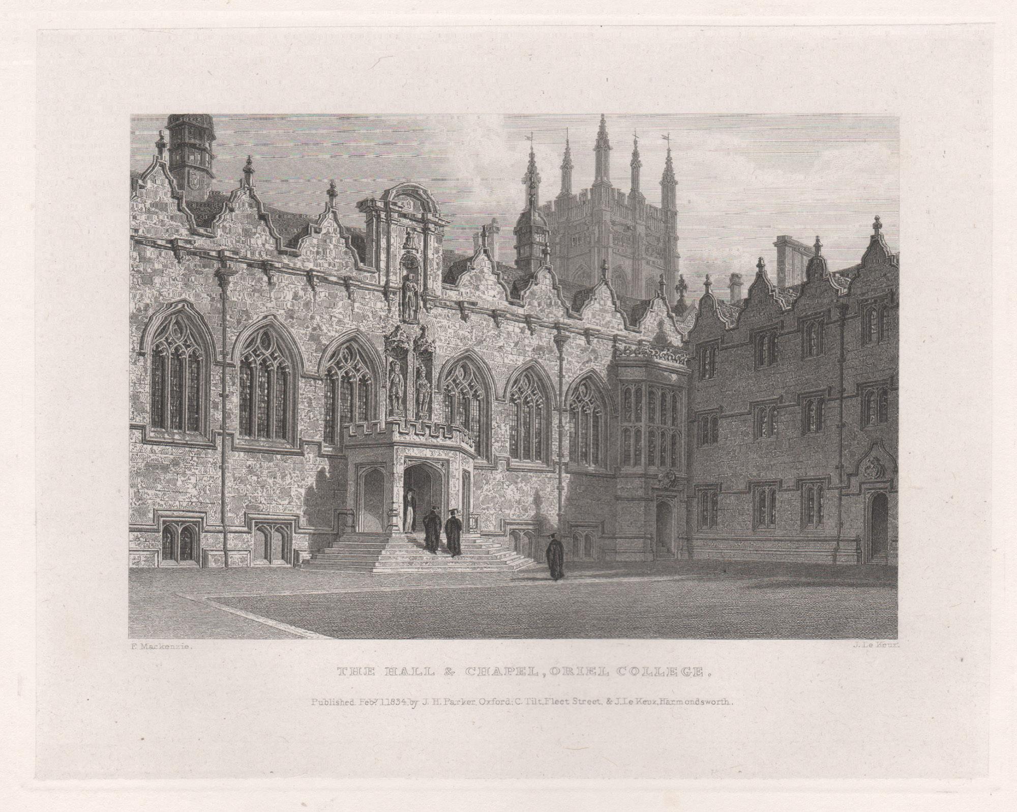The Hall & Chapel, Oriel College. Oxford University. Antique C19th engraving