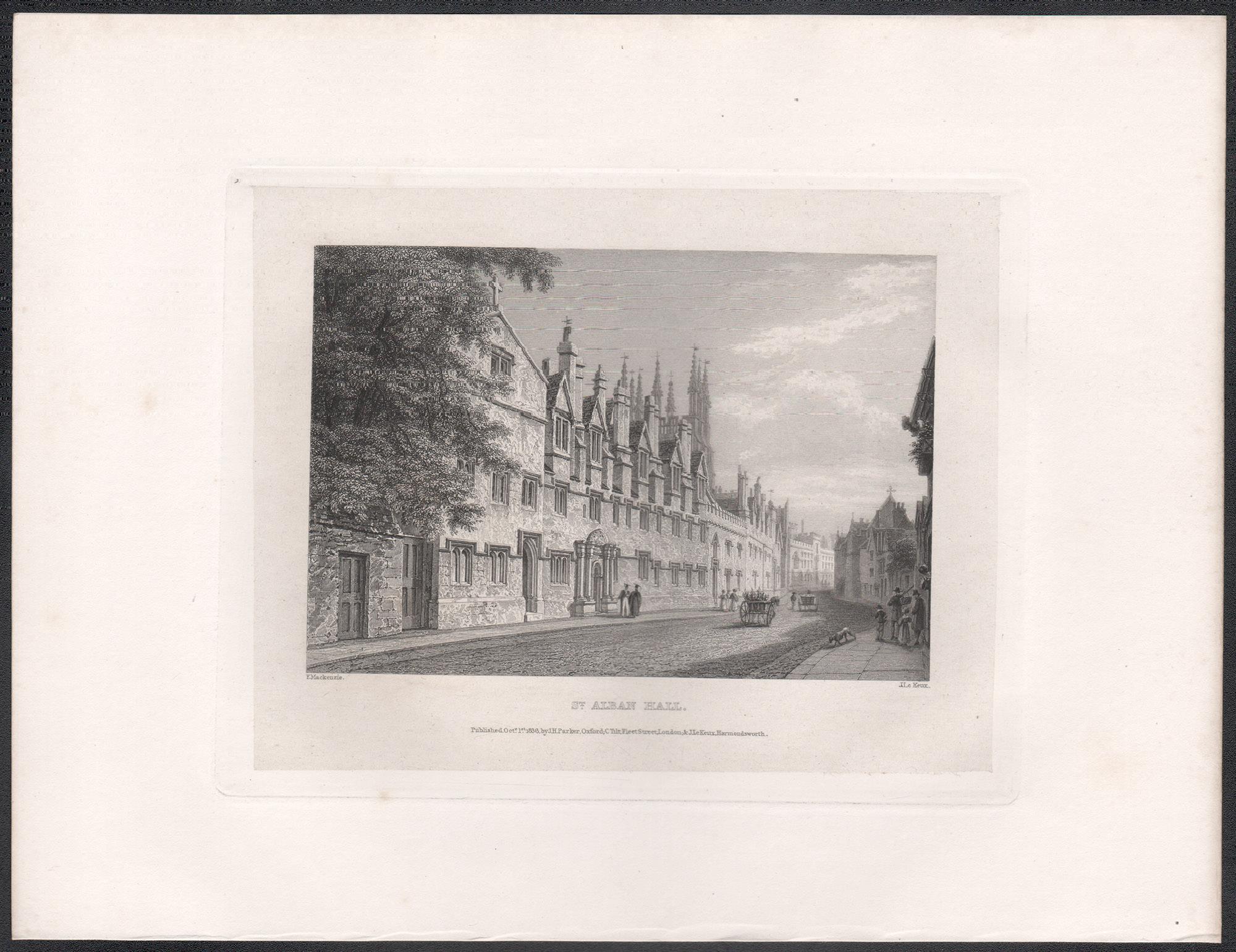 St Alban Hall. Oxford University. Antique C19th engraving - Print by John Le Keux after Frederick Mackenzie