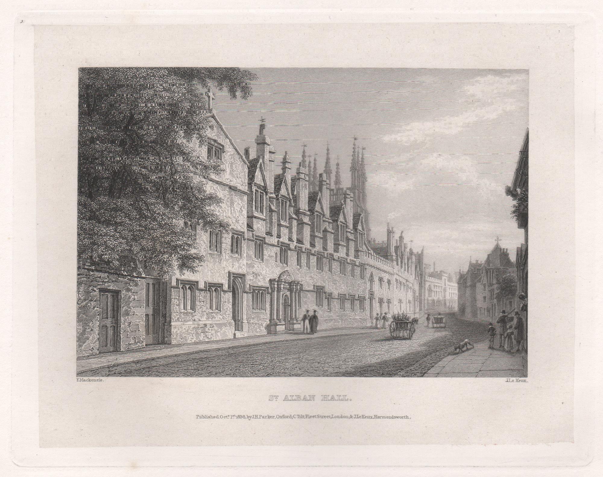 John Le Keux after Frederick Mackenzie Landscape Print - St Alban Hall. Oxford University. Antique C19th engraving