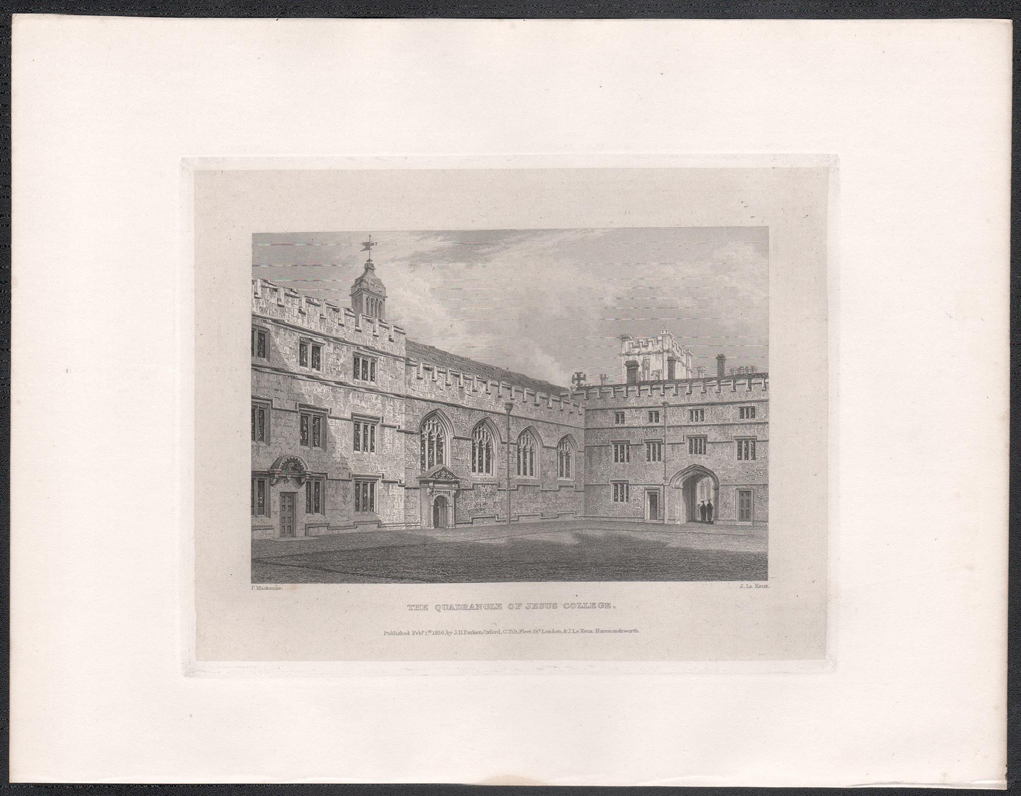 The Quadrangle of Jesus College. Oxford University. Antique C19th engraving - Print by John Le Keux after Frederick Mackenzie