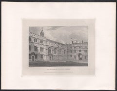 The Quadrangle of Jesus College. Oxford University. Antique C19th engraving