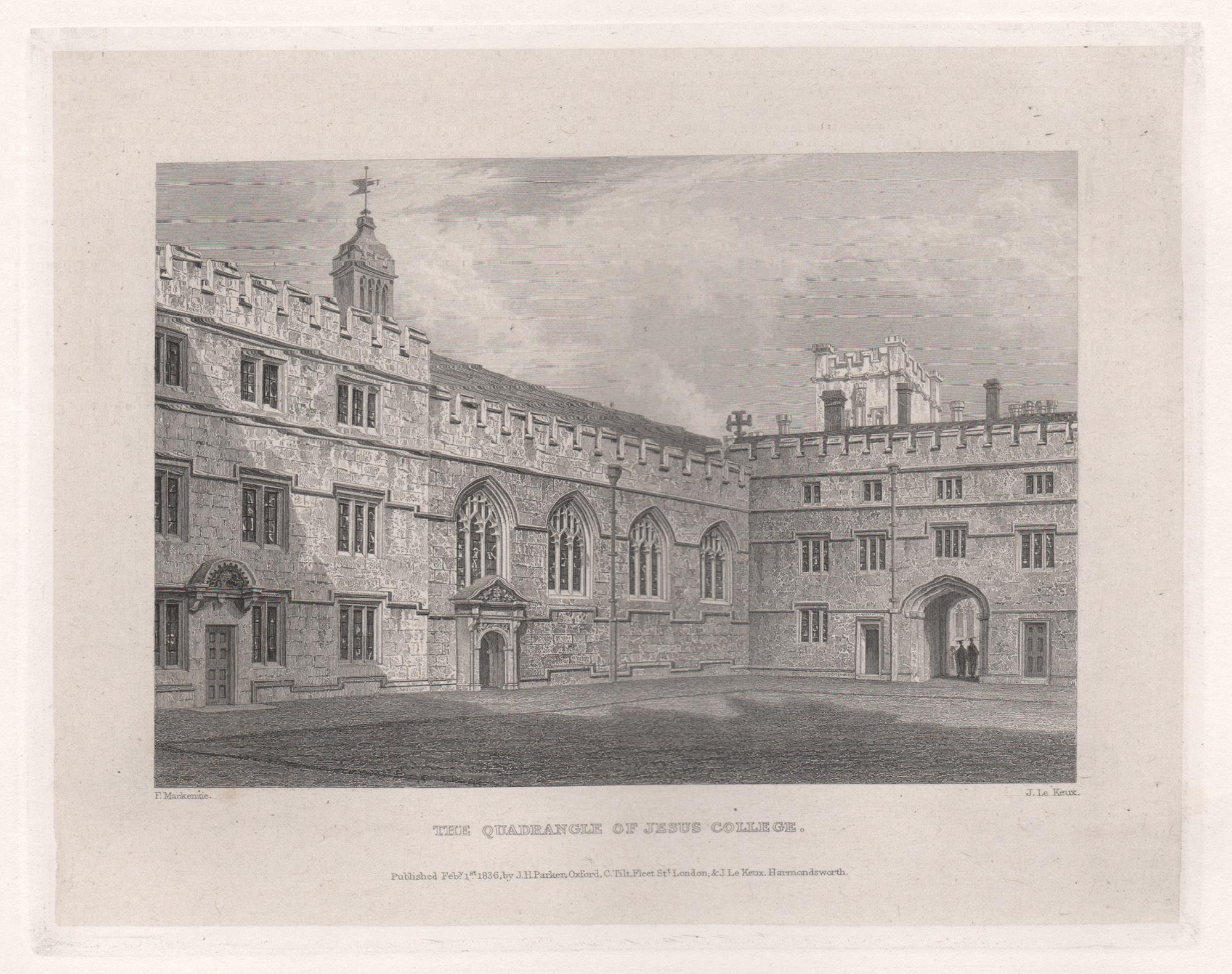 The Quadrangle of Jesus College. Oxford University. Antique C19th engraving