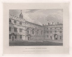 Le Quadrangle du Jesus College. Université d'Oxford. Gravure ancienne du XIXe siècle