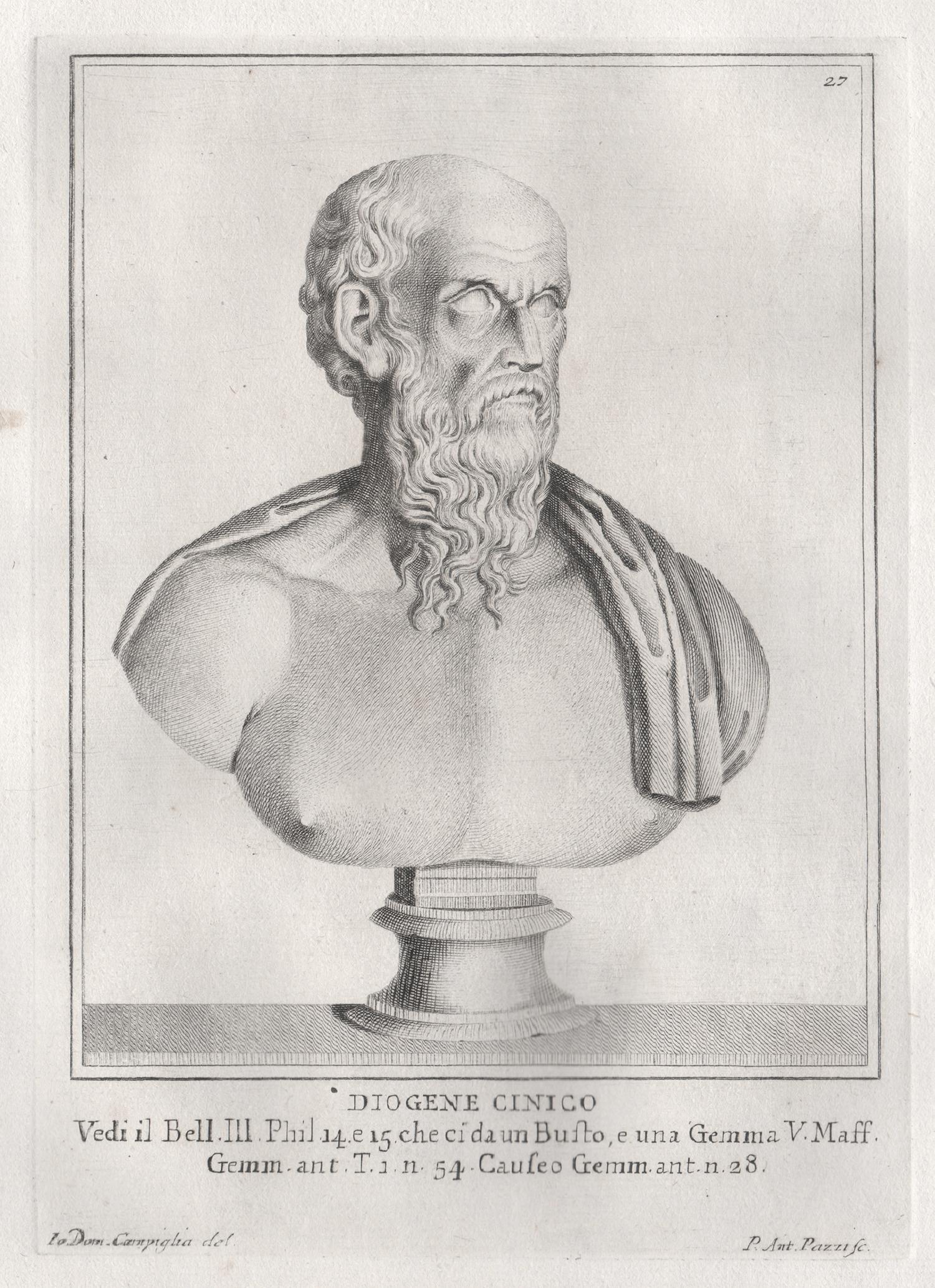 Pazzi after Giovanni Domenico Campiglia Portrait Print - Diogenes the Cynic, Greek philosopher. C18th Grand Tour Roman bust engraving