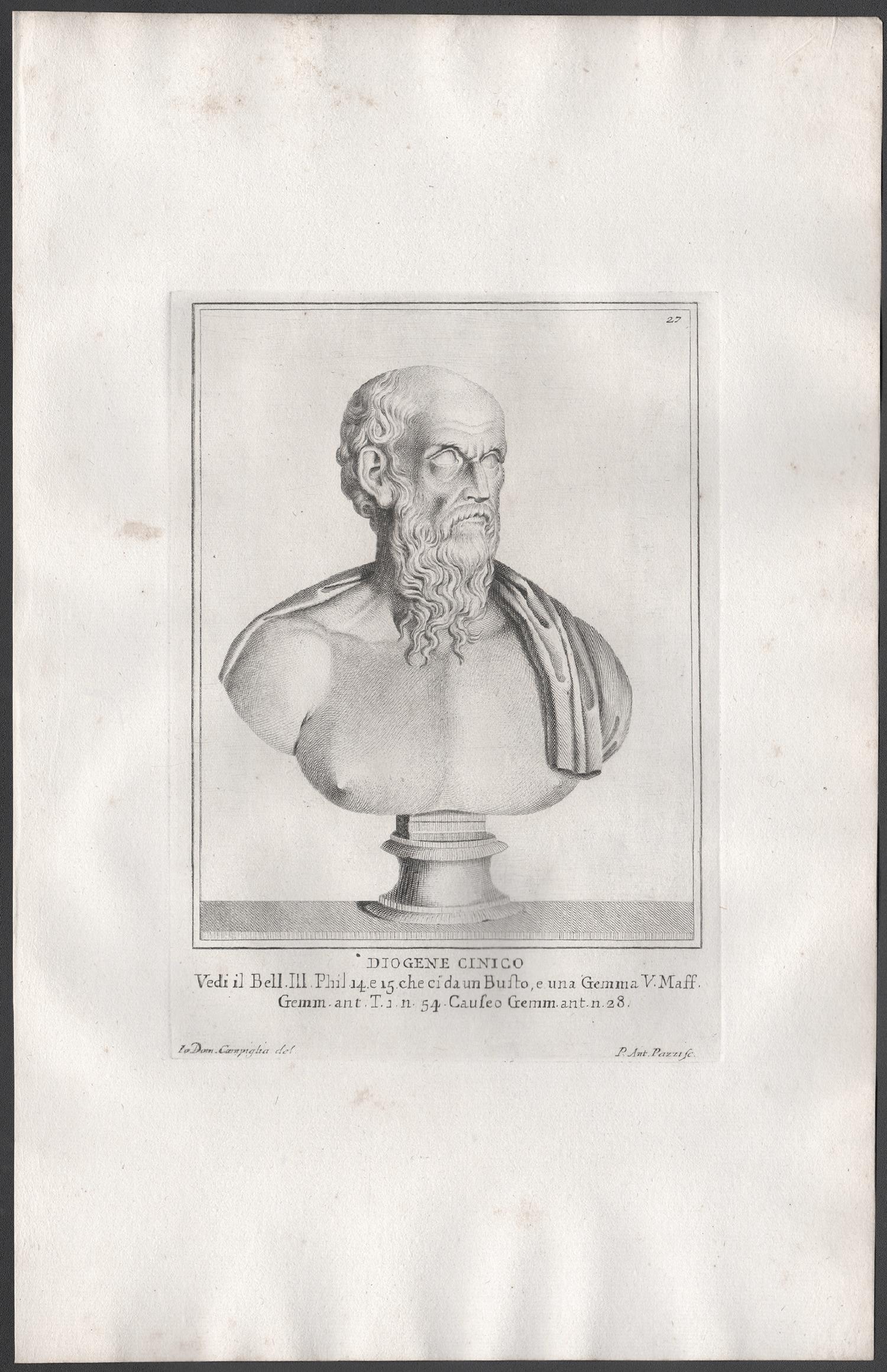 Diogenes the Cynic, Greek philosopher. C18th Grand Tour Roman bust engraving - Print by Pazzi after Giovanni Domenico Campiglia