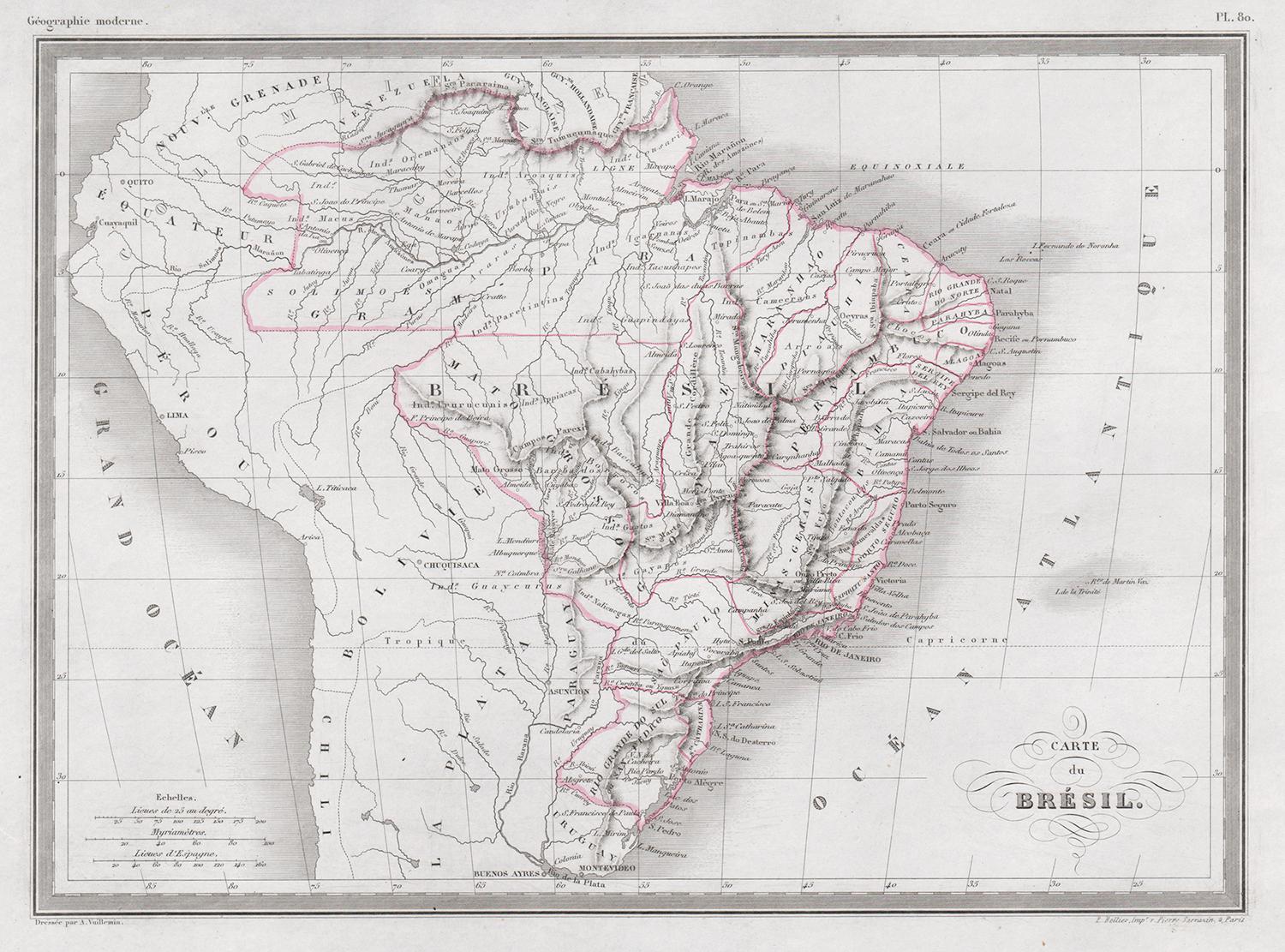 Alexandre Vuillemin Print - Carte du Bresil, antique 1860s engraved map of Brazil