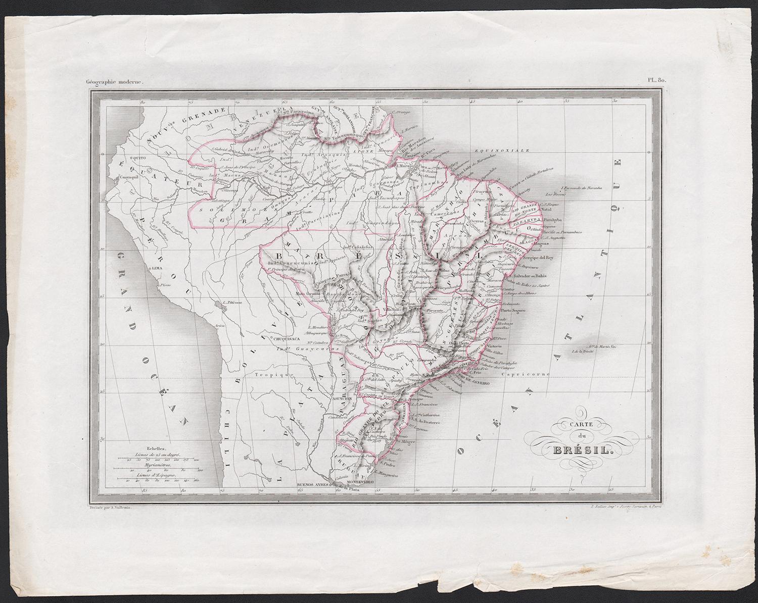 Carte du Bresil, antique 1860s engraved map of Brazil - Print by Alexandre Vuillemin