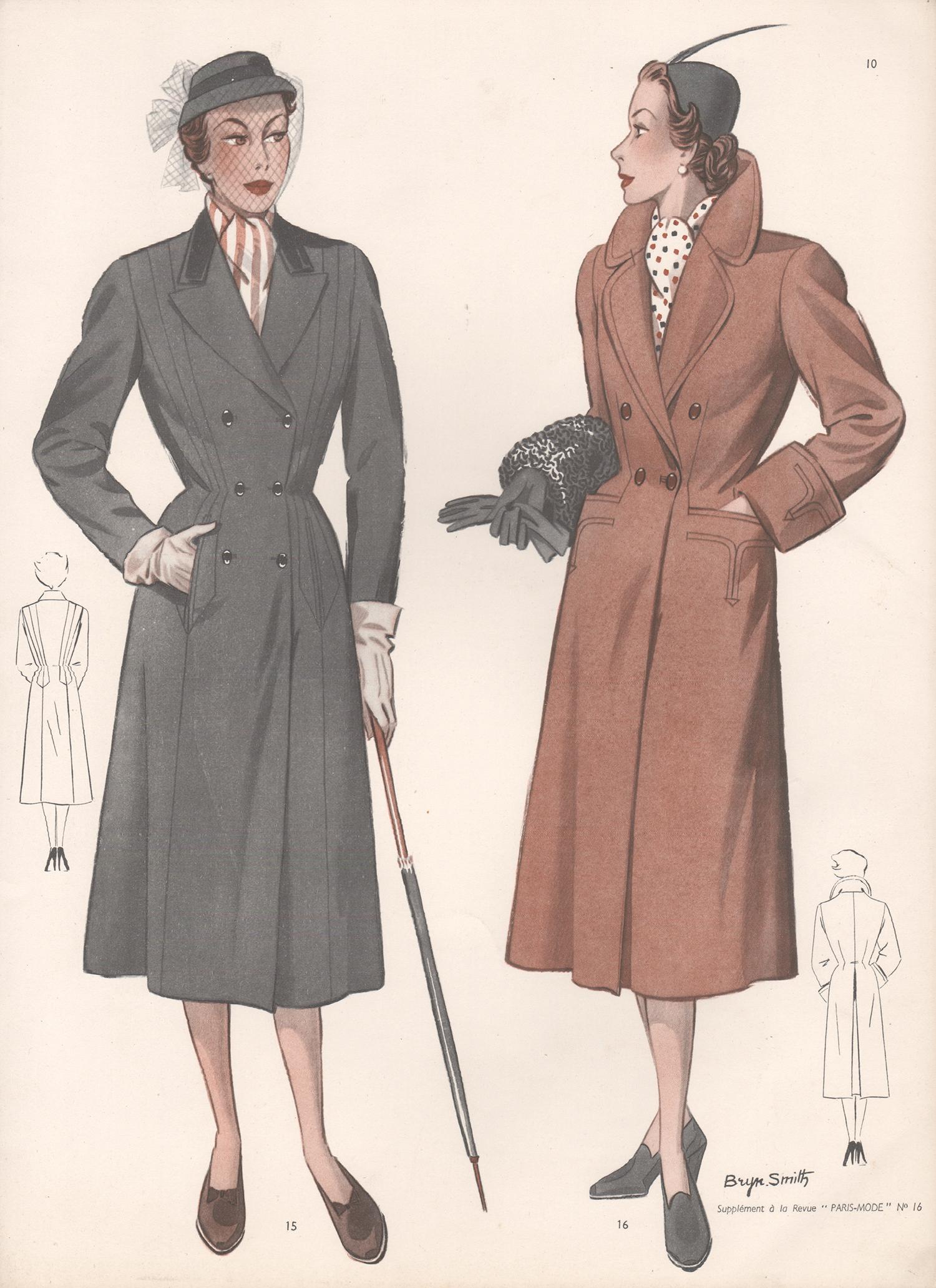 Bryn Smith Figurative Print – Mid-Century 1952 Damen Mode Design Vintage Mantel Anzug mit Halbfarbendruck