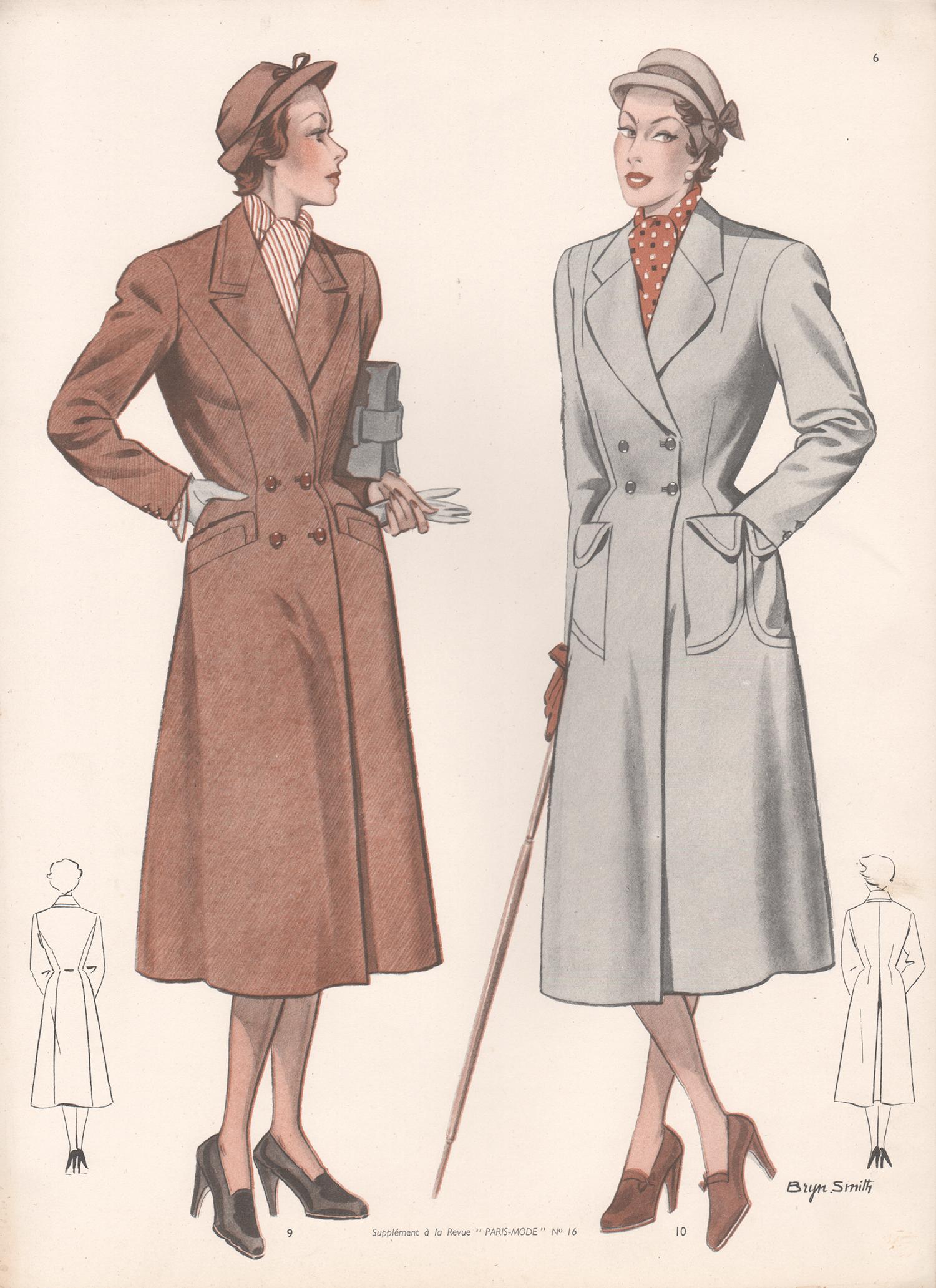 Figurative Print de Bryn Smith - Diseño de moda francés de mediados de siglo de 1952 Traje de chaqueta vintage Estampado de medios tonos