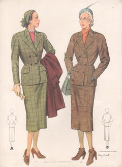 Tailleur manteau vintage français du milieu du siècle dernier à imprimé demi-tone à la mode pour femme, 1952